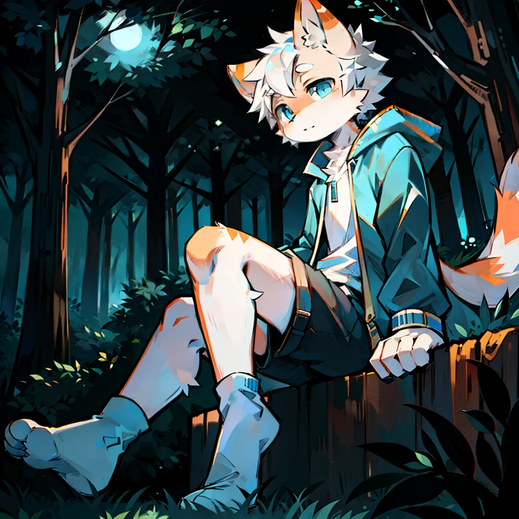 furry, cat boy,(White hair),(Orange skin),blue eyes,Sitting in the forest at night,((Wear short white socks)),Light blue coat and shorts,The only person,high quality