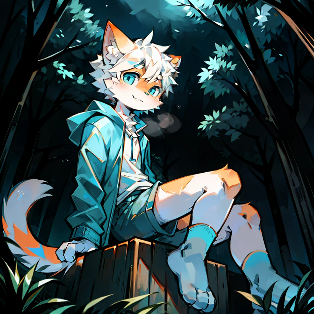 furry, cat boy,(White hair),(Orange skin),blue eyes,Sitting in the forest at night,((Wear short white socks)),Light blue coat and shorts,The only person,high quality
