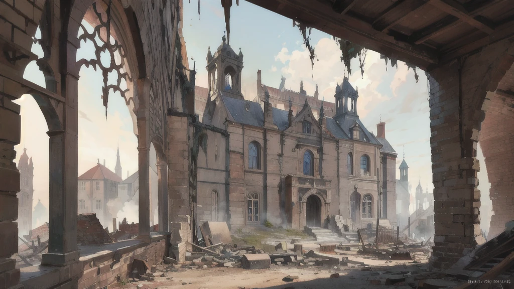 background material, antique, high quality, the remains of a burned down mansion, in a small village, close up, medieval fantasy, muted colors
