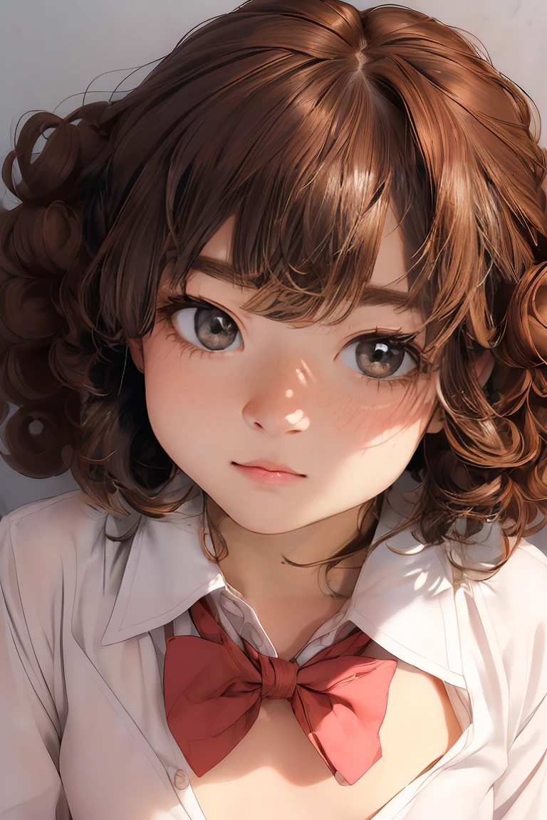 (8K high resolution), (Highest quality), (RAW quality),(Tabletop:1.2), (Realistic), (Realistic:1.37), ,Big eyes,Long eyelashes,1 girl, single, alone, pretty girl、Upper body photo、((Beautiful eyelashes, Realistic eyes)), ((Detailed face, blush:1.3)), ((Smooth texture:0.75, Realisticな質感:0.65, Realistic:1.1,)), Small breasts, Dynamic Angle, Perfect body, ((Red bow tie, , , White open shirt:1.5)), ((Average appearance:1.5))，((Upper body photo:1.5))、(Small breasts:1.5)，(Skinny girl:1.6)，( Face:1.3)，(Young Face:1.8)，(very young body:1.5)，(chest exposed through open shirt:1.6)，(Nearly naked:1.6)，(sexual expression:1.6)，(your breasts are fully visible...:1.5)，(Young pink nipples visible:1.5)，((Gal-like curly brown hair:1.5))、(Oily, Glowing Skin:1.5)，(13-yr-ouniork forward:1.3)，(Please lift your chin:1.5)，