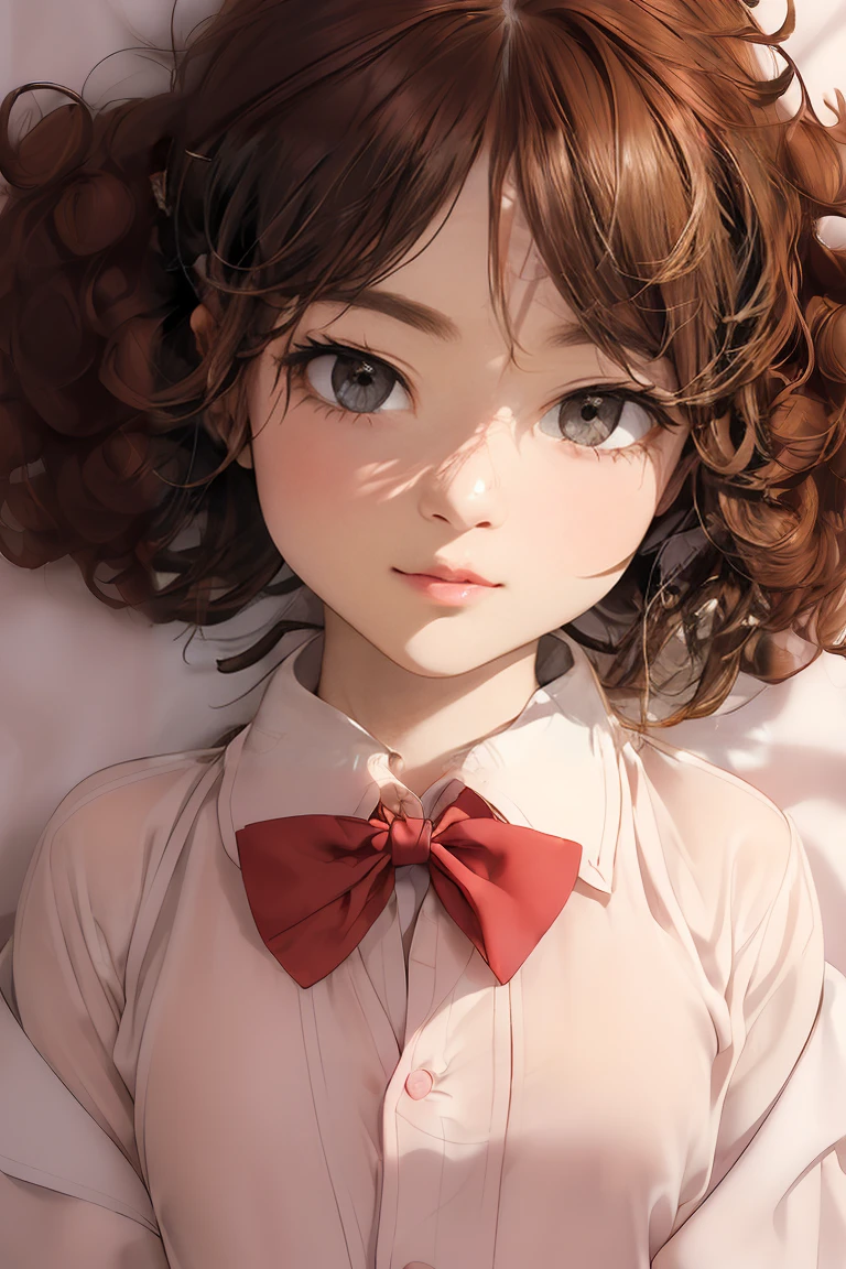 (8K high resolution), (Highest quality), (RAW quality),(Tabletop:1.2), (Realistic), (Realistic:1.37), ,Big eyes,Long eyelashes,1 girl, single, alone, pretty girl、Upper body photo、((Beautiful eyelashes, Realistic eyes)), ((Detailed face, blush:1.3)), ((Smooth texture:0.75, Realisticな質感:0.65, Realistic:1.1,)), Small breasts, Dynamic Angle, Perfect body, ((Red bow tie, , , White open shirt:1.5)), ((Average appearance:1.5))，((Upper body photo:1.5))、(Small breasts:1.5)，(Skinny girl:1.6)，(Baby Face:1.3)，(Young Face:1.8)，(very young body:1.5)，(chest exposed through open shirt:1.6)，(Nearly naked:1.6)，(sexual expression:1.6)，(your breasts are fully visible...:1.5)，(Young pink nipples visible:1.5)，((Gal-like curly brown hair:1.5))、(Oily, Glowing Skin:1.5)，(13-year-old junior high school student:1.6)，(Look forward:1.3)，(Please lift your chin:1.5)，