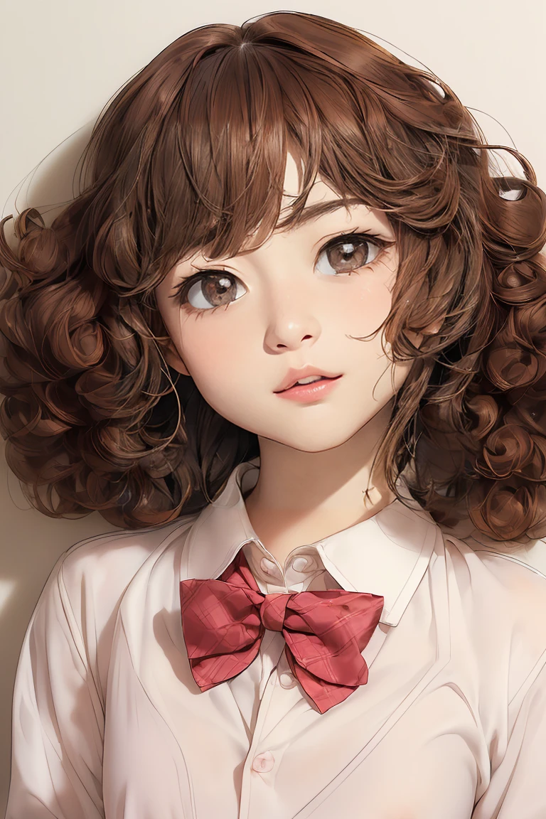 (8K high resolution), (Highest quality), (RAW quality),(Tabletop:1.2), (Realistic), (Realistic:1.37), ,Big eyes,Long eyelashes,1 girl, single, alone, pretty girl、Upper body photo、((Beautiful eyelashes, Realistic eyes)), ((Detailed face, blush:1.3)), ((Smooth texture:0.75, Realisticな質感:0.65, Realistic:1.1,)), Small breasts, Dynamic Angle, Perfect body, ((Red bow tie, , , White open shirt:1.5)), ((Average appearance:1.5))，((Upper body photo:1.5))、(Small breasts:1.5)，(Skinny girl:1.6)，( Face:1.3)，(Young Face:1.8)，(very young body:1.5)，(chest exposed through open shirt:1.6)，(Nearly naked:1.6)，(sexual expression:1.6)，(your breasts are fully visible...:1.5)，(Young pink nipples visible:1.5)，((Gal-like curly brown hair:1.5))、(Oily, Glowing Skin:1.5)，(13-yr-ouniork forward:1.3)，(Please lift your chin:1.5)，