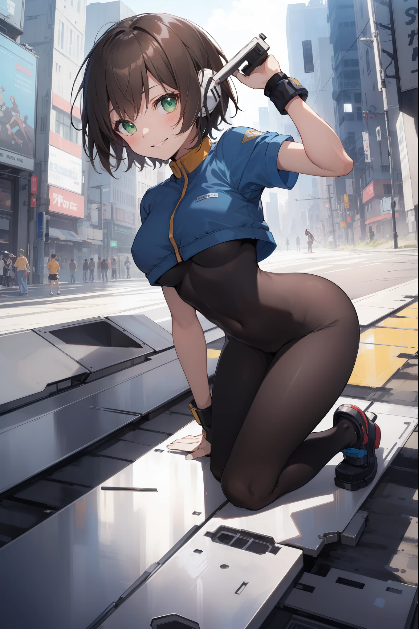 aile_megamanzx, kneeling with one hand on the ground and the other arm raised, 1girl, solo, short hair, brown hair, short sleeves, (bodysuit), robot ears, green eyes, very_short_shorts, short sleeves, short over long sleeves, smile, in futuristic city, , high quality, medium_breasts,crotch, slouch,groin