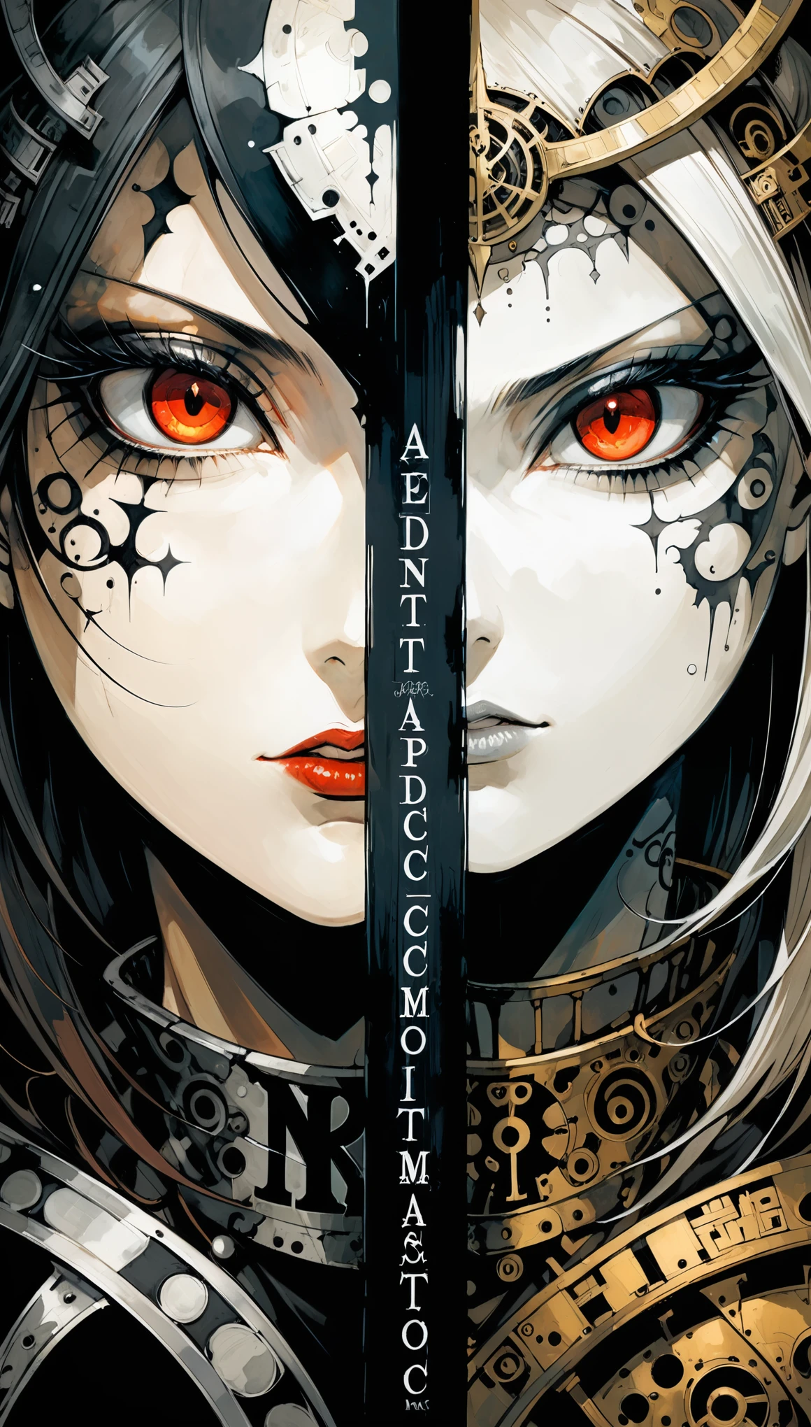 in style of ashley wood,in style of Santiago Caruso,in style of Alex Hirsch,in style of American McGee
cowboy shot,Face to face left half dark angle and right half Daemon in big capital letters, 2 sides of theimage, mirrored realms,close-up intensity, captivating gaze
