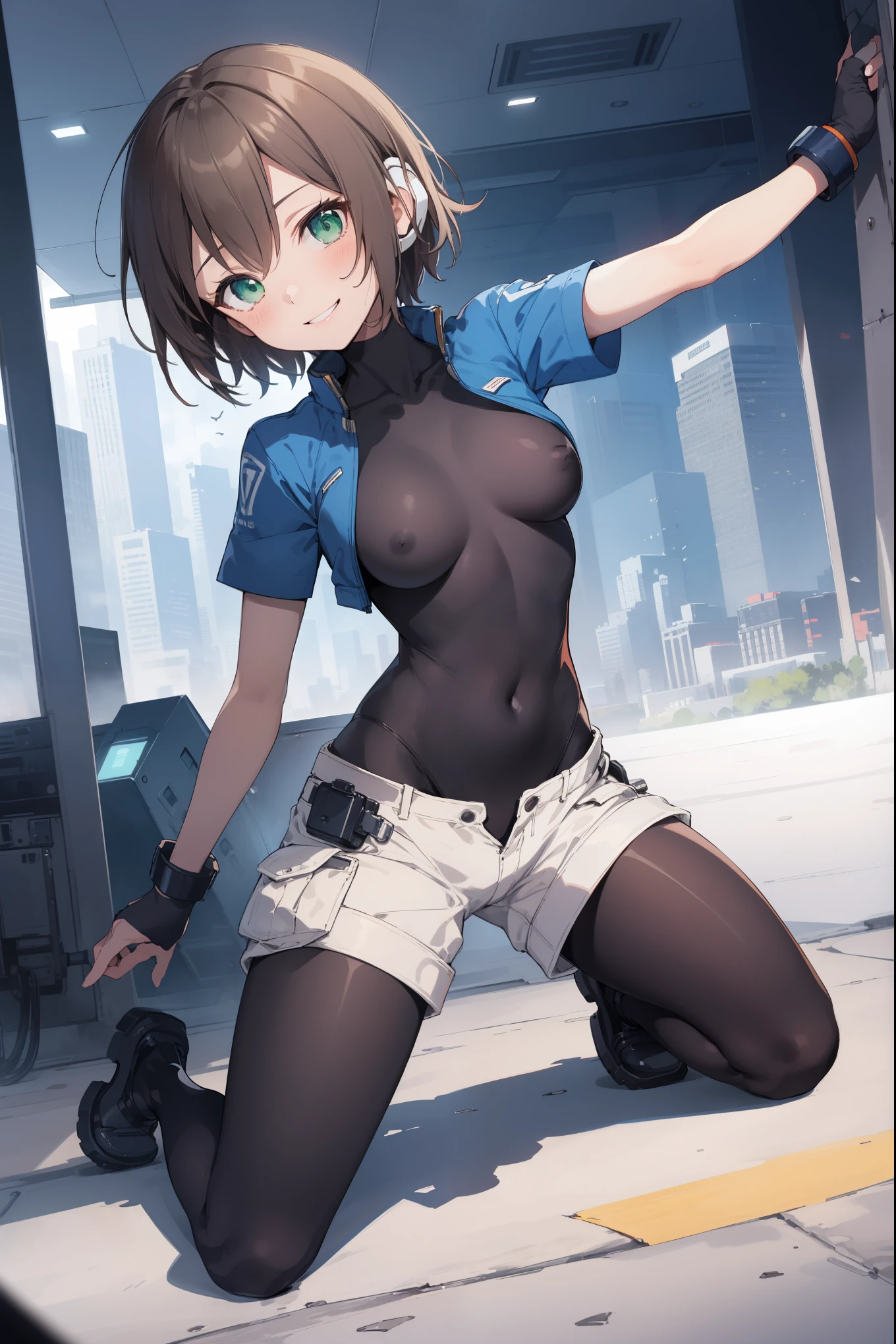 aile_megamanzx, kneeling with one hand on the ground and the other arm raised, 1girl, solo, short hair, brown hair, short sleeves, (bodysuit), robot ears, green eyes, very_short_shorts, short sleeves, short over long sleeves, smile, in futuristic city, , high quality, medium_breasts,crotch, slouch,groin