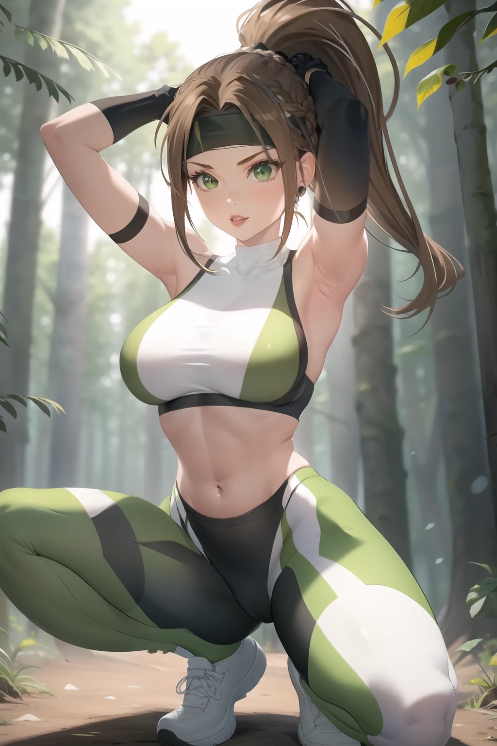 (1girl,3d, photorealistic,masterpiece, best quality), excited, portrait, seductive pose, in a forest,
1girl,gloves, headband, pants, ponytail, green leggings, black gloves, large breasts, long hair, sports bra, earrings, brown hair, midriff, jewelry, white socks,white footwear, rope, navel,white socks,toned
 