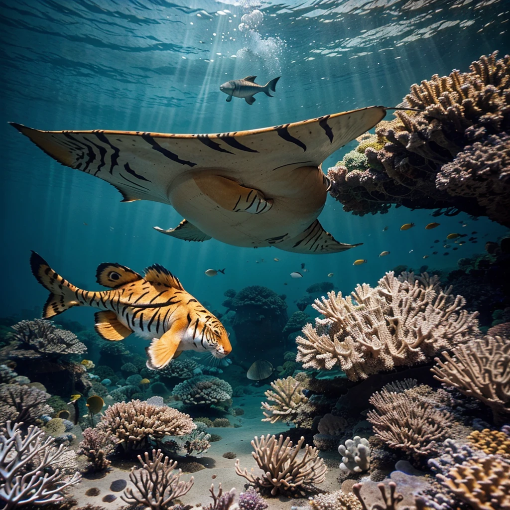 A large fish with a tiger's head and a body striped like a tiger is swimming in the ocean. Surrounding it are beautiful coral reefs and small fish, creating a stunning underwater scene.