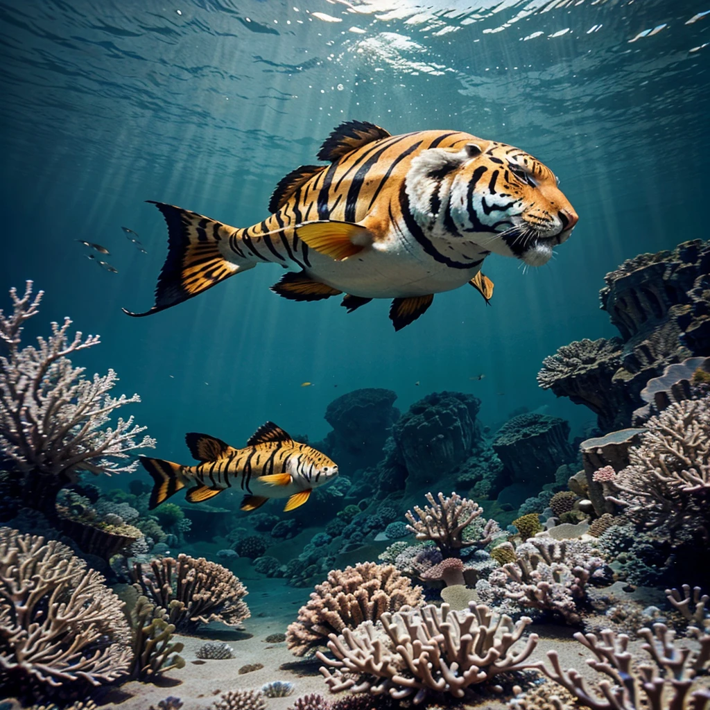 A large fish with a tiger's head and a body striped like a tiger is swimming in the ocean. Surrounding it are beautiful coral reefs and small fish, creating a stunning underwater scene.