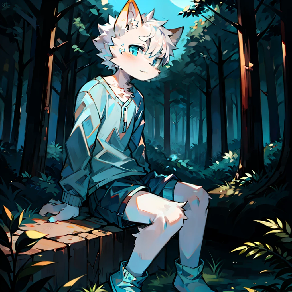 furry， cat boy，（White hair），（Dark gray skin），blue eyes，Sitting in the forest at night，（（Wear short white socks）），Light blue pajamas and shorts，The only person，high quality