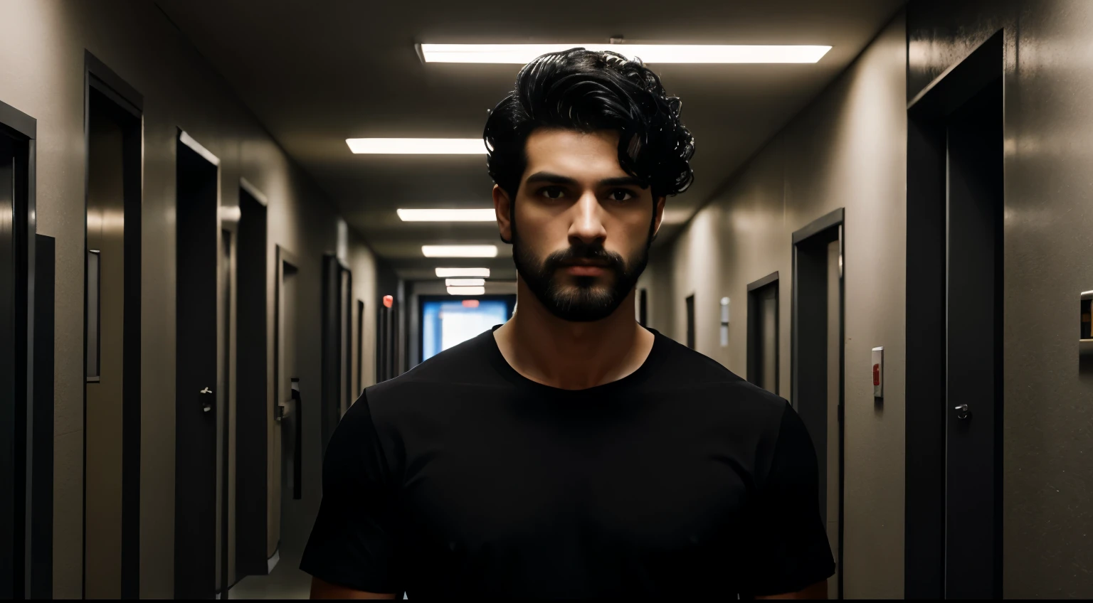 Realism, solo, attractive male, Mediterranean model, Pretty Boy, pale skin, strong jawline, 29 years, tall, 209cm, (crew cut coiffed short curly swept back black hair:1.3) black beard, black cotton t-shirt, black cargo pants, walking down in long low lit empty medical hallway