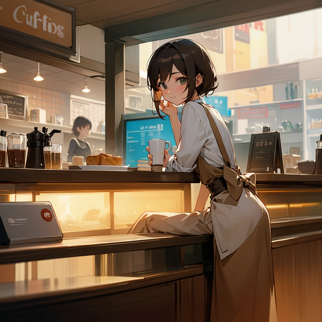 At the Counter: A woman sitting at the café counter, chatting with the barista while enjoying her coffee