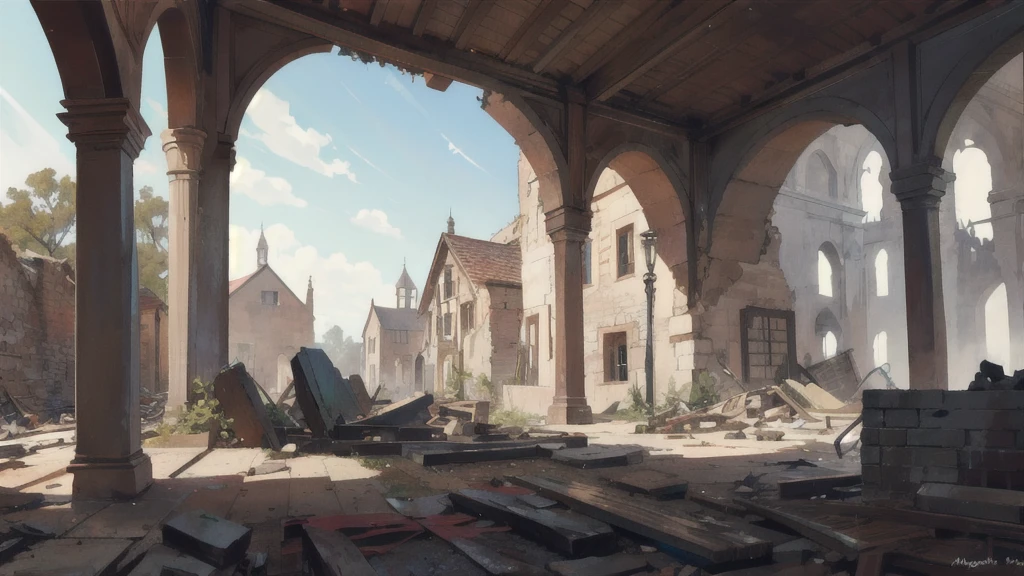 background material, antique, high quality, the remains of a burned down mansion, in a small village, medieval fantasy, muted colors