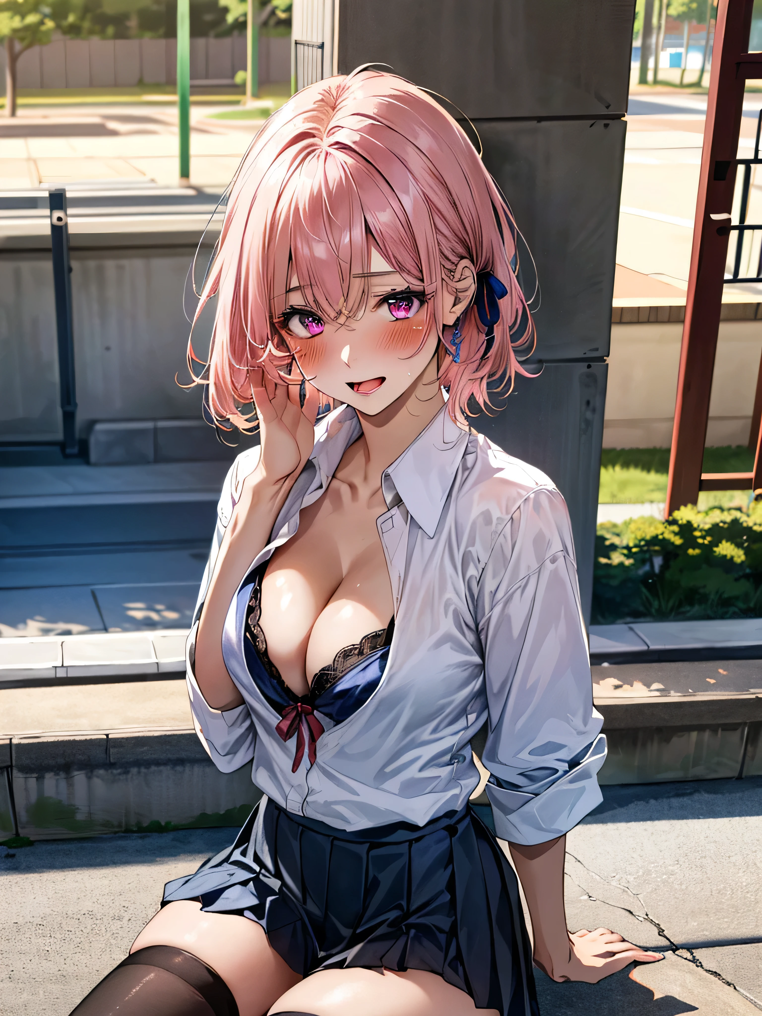 (masterpiece:1.3, top-quality, ultra high res, ultra detailed), (cleavage:1.4),(realistic, photorealistic:1.4), beautiful illustration, perfect lighting, natural lighting, colorful, depth of fields, surrealism, (embarrassed,blush:1.3),
beautiful detailed hair, beautiful detailed face, beautiful detailed eyes, beautiful clavicle, beautiful body, beautiful chest, beautiful thigh, beautiful legs, beautiful fingers, shiny skin,
looking at viewer, 1 girl, japanese, high school girl, (perfect anatomy, anatomically correct, super detailed skin), cute and symmetrical face, babyface, perfect face, perfect eyes,
(middle hair, two side up, pink hair), crossed bangs, purple eyes, drooping eyes, big eyes, long eyelashes, (large breasts, seductive thighs, skindentation), slender, outstanding style,
((detailed cloth texture, white collared shirt, blue pleated skirt, dark red neck ribbon), black thigh-highs, loafer),
(beautiful scenery), late afternoon,hands on chest, (lovely smile, upper eyes, open mouth small),
