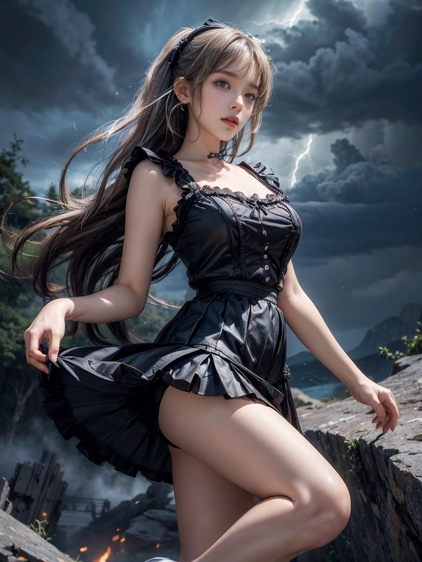 masutepiece, 8K,Focus on the thighs，High resolution full body, surrealism, Cinematic lighting, god light,Layered processing (HD layers, People layer， Background image layer)，f/4.0, kanon，(((The face is super clear)))，hugefilesize，Shiny skin,Detailed skin,Detailed face, Detailed eyes, Goddess of the Storm,(Lolita dress miniskirt:1.5)，(Short skirt that shows underwear:1.3) At the top of a huge canyon, The wind was blowing violently, Hair similar to the color of wind and lightning, nakeness, Bare chest, No top, Show off , Storm vortex pendant, Lightning earrings, Dark clouds loom like a storm, A thunderous scene，Sky thunder and lightning scattered together，