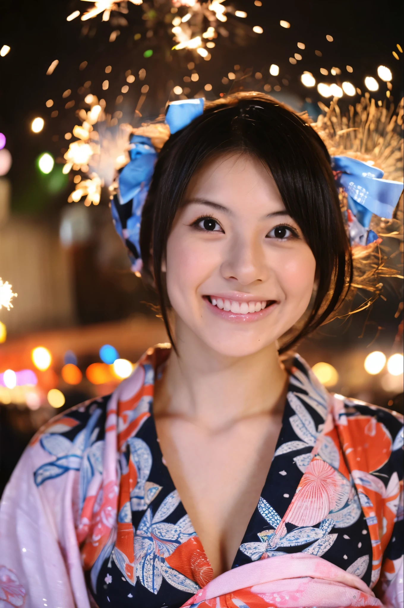 A very cute face like an idol、A young-looking 20-year-old woman、Wearing a cute Japanese yukata、Cleavage、night、Fireworks display、Natural light、Whole body、Artistic