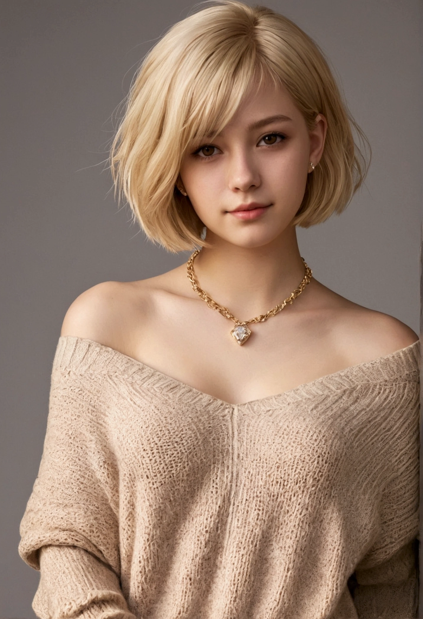 1girl in, age19, Solo, short hair, Colossal , Looking at Viewer, blondehair, Bare shoulders, Brown eyes, jewely, Full body, a necklace, off shoulders, Sweaters, Realistic, A sexy