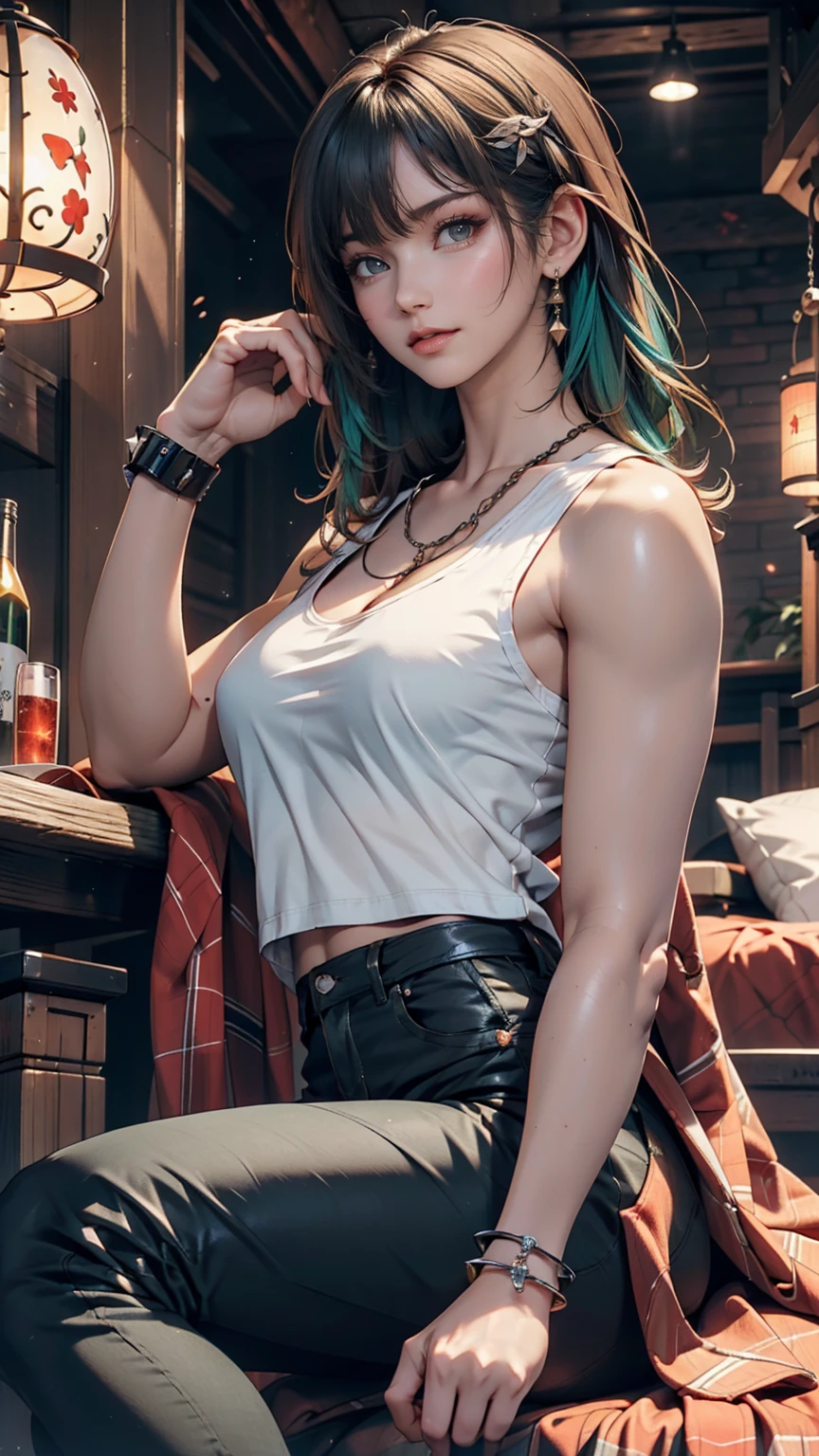 (masterpiece, Highest quality, High resolution:1.4), wallpaper, whole body, One girl, Long Hair, (Blue Hair:1.0), (Black Hair:1.0), Green Eyes, Multicolored Hair, Gradient Hair, Small breasts, Turn to the side, yukata , Have a party popper, night, Hair Clip, bangs、Hard Rock、Tank top with logo((Tank top))、Black leather pants、Chain Accessories、Spike wristband、Stiletto heels