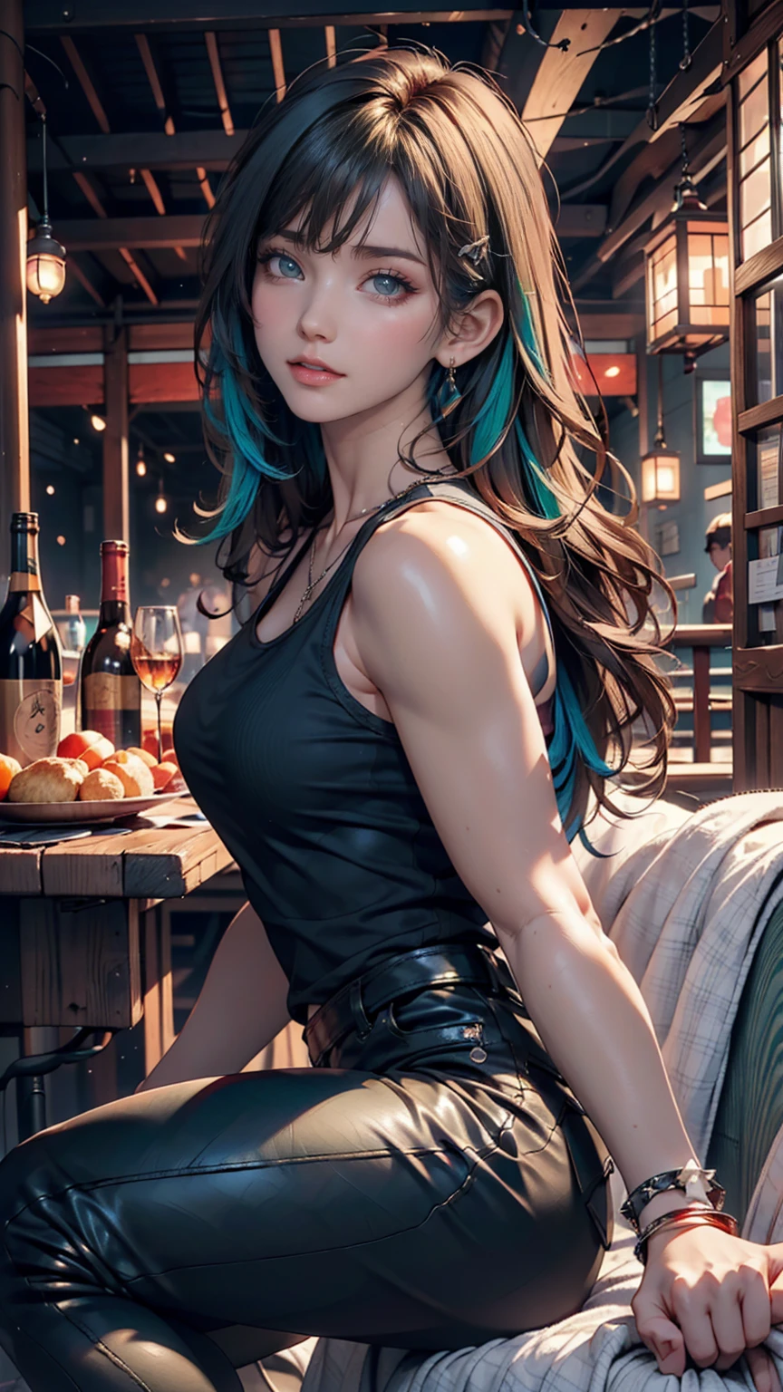 (masterpiece, Highest quality, High resolution:1.4), wallpaper, whole body, One girl, Long Hair, (Blue Hair:1.0), (Black Hair:1.0), Green Eyes, Multicolored Hair, Gradient Hair, Small breasts, Turn to the side, yukata , Have a party popper, night, Hair Clip, bangs、Hard Rock、Tank top with logo((Tank top))、Black leather pants、Chain Accessories、Spike wristband、Stiletto heels
