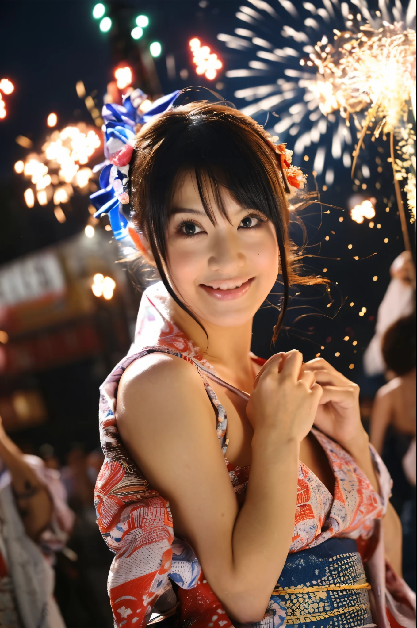 (((A very cute face like an idol)))、((A young-looking 20-year-old woman))、Wearing a cute Japanese yukata、Cleavage、night、Fireworks display、Natural light、(Whole body)、Artistic