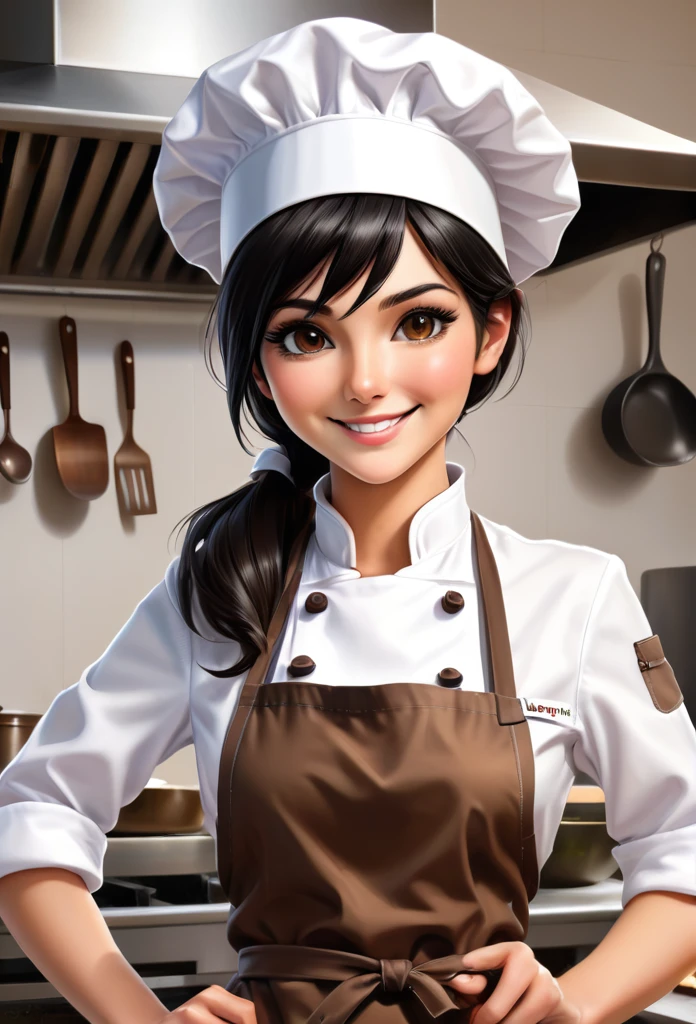 gorgeous eyes , (A female chef), best quality, Artwork, ultra-high resolution, extremely detailed eye and face, gorgeous eyes e delicados,,(White background:1.2), ((Artwork, best quality)),Short and medium black hair,Waist slender,Photos from the waist up,he used to smile,(brown apron,Brown chef hat,brown chef costume),holding kitchen utensils