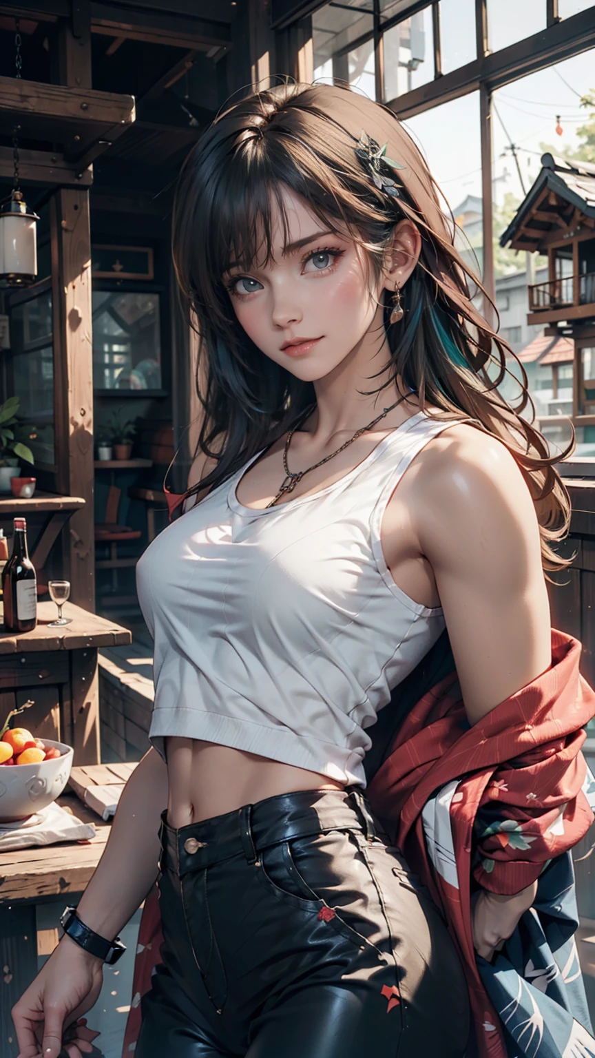 (masterpiece, Highest quality, High resolution:1.4), wallpaper, whole body, One girl, Long Hair, (Blue Hair:1.0), (Black Hair:1.0), Green Eyes, Multicolored Hair, Gradient Hair, Small breasts, Turn to the side, yukata , Have a party popper, night, Hair Clip, bangs、Hard Rock、Tank top with logo((Tank top))、Black leather pants、Chain Accessories、Spike wristband、Stiletto heels