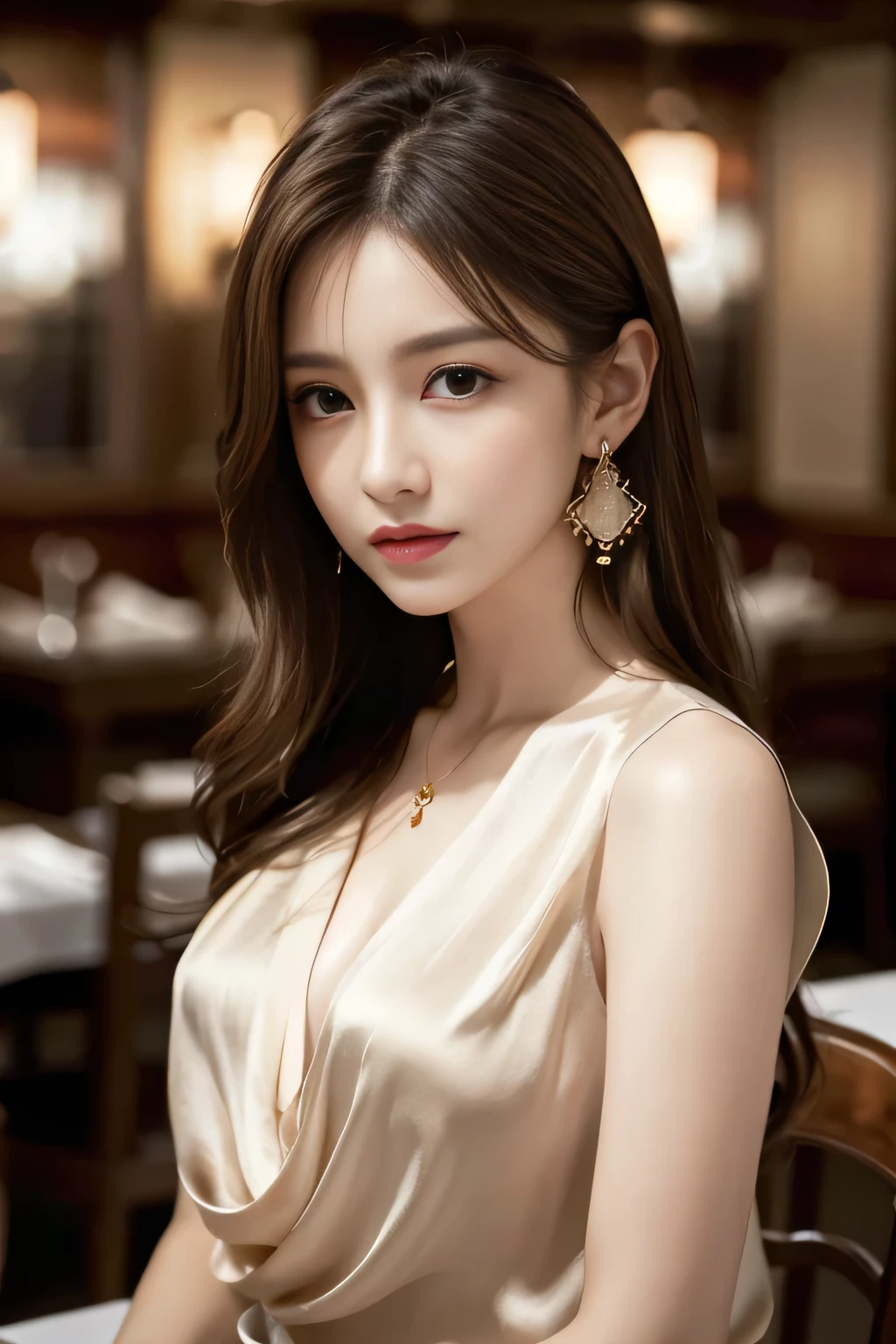 masterpiece, Highest quality, Realistic, Very detailed, Finer details, High resolution, 8k wallpaper, One beautiful woman, Wear a pretty colored silk shirt, In a great restaurant, At night, Light brown messy hair, Perfect dynamic composition, Beautiful and beautiful eyes、Big earrings、chest、Sleeveless shirt、