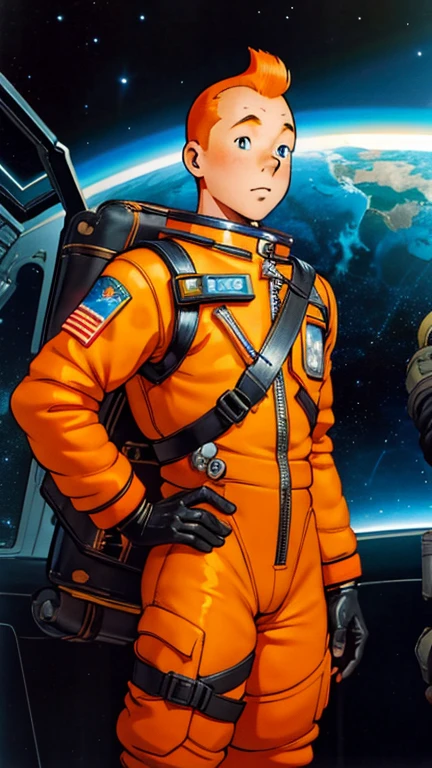 (Teens:1man: Tintin), (extremely detailed CG unit 8k wallpaper),(master part), (best quality), (ultra detali), (best illustration),(lora:masamuneshirow:0.7), cowboy shot, (Sharp eyeliner, ombre, detailed eyes:1),Dark midnight derelict spaceship interiors background, ,break , (astronaut in an orange space suit), upper body, short hair, orange hair