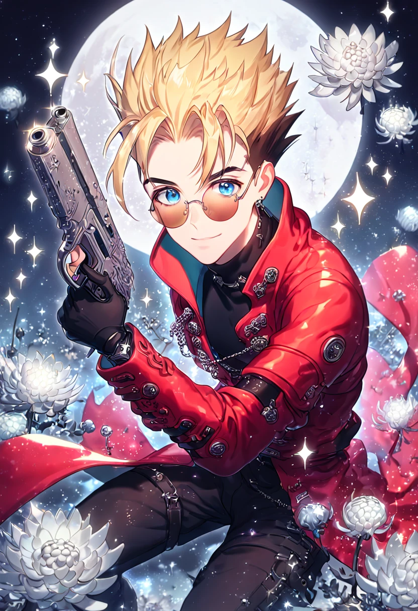absurdres, highres, ultra detailed, HDR, master piece, best quality, extremely detailed, Vash The Stampede, blonde hair, expressive blue eyes, round amber sunglasses, Trigun, solo, sexy man, handsome, red coat, black turtleneck shirt, black gloves, black pants, holding a gun, fantasy, sparkling, silver glittering fireflies, silver moon, silver blossoms, silver chrysanthemums, silver sparkling lights, starry sky, magical