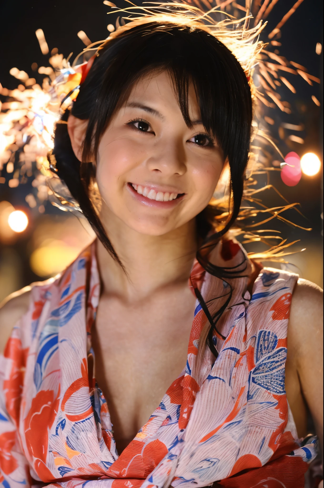 (((A very cute face like an idol)))、((A young-looking 20-year-old woman))、Wearing a cute Japanese yukata、Cleavage、night、Fireworks display、Natural light、(Whole body)、Artistic