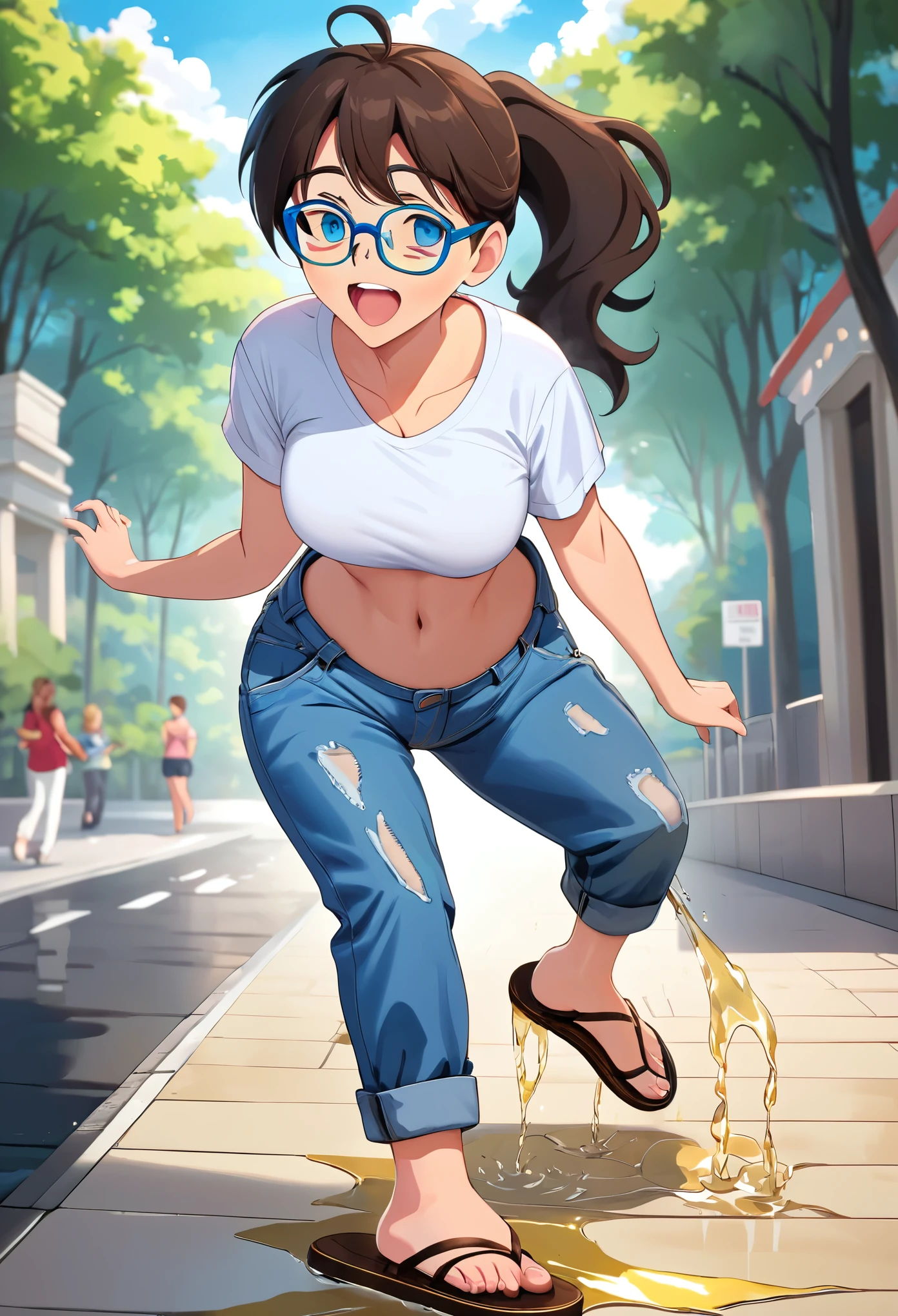 NSFW, (masterpiece, top quality, best quality, highly detailed:1.6), extremely detailed CG unity 8k wallpaper, (full body), wide shot, long shot, (leaning forward,close knees, touching crotch, pee running down legs:2.5), (((standing))), (((clutching crotch))), strong facial expression, (sharp eye:1.2), (scowl:1.1), (embarrassed, blush:1.3), (steam:1.9), (wet:1.2), (sweat:1.1), (trembling:1.3), (open mouth, wavy mouth:1.4), (clenched teeth:1.7), (closed eyes:1.5), (feeling weak:1.5), (shoot from front, looking at viewer:1.2), (light blue denim, toreador pants:1.5), (at midnight), night, park, woman, outdoor, (T-shirt, sandals:1.5), (long hair, dark brown hair, ponytail:1.5), (glasses:1.8), (long hair, ponytail, dark brown hair:1.5), (woman trembling with sexual climax:1.5), (Be incontinent:1.5), colorful, perfect composition, urination, incontinence, piss, peeing self, (((pee stream))), (pee puddle), wetting herself, pee stain, large breasts, Yellow pee, ((leaking pee)), puddle of pee, Pee at your pants, Pee spread on the floor, Pee stains, Dripping pee between my legs, Feet wet from pee, Pee-covered pants, Pee at your pants, want to pee, about to pee, Full bladder, Pee-soaked pants, Pee-soaked sandals, natural makeup,