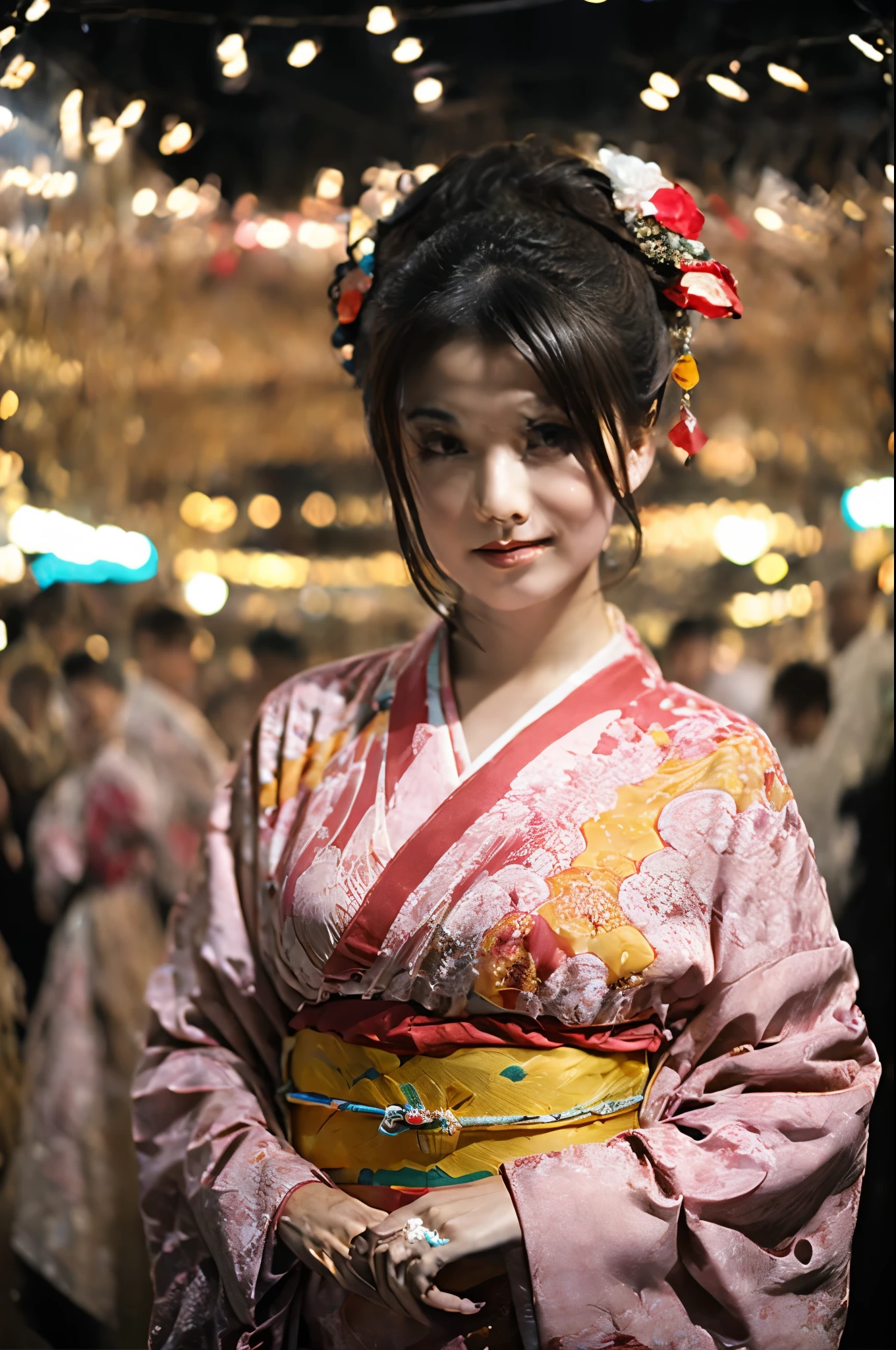 (((A very cute face like an idol)))、((A young-looking 20-year-old woman))、Wearing a cute Japanese yukata、Cleavage、night、Fireworks display、Natural light、(Whole body)、Artistic