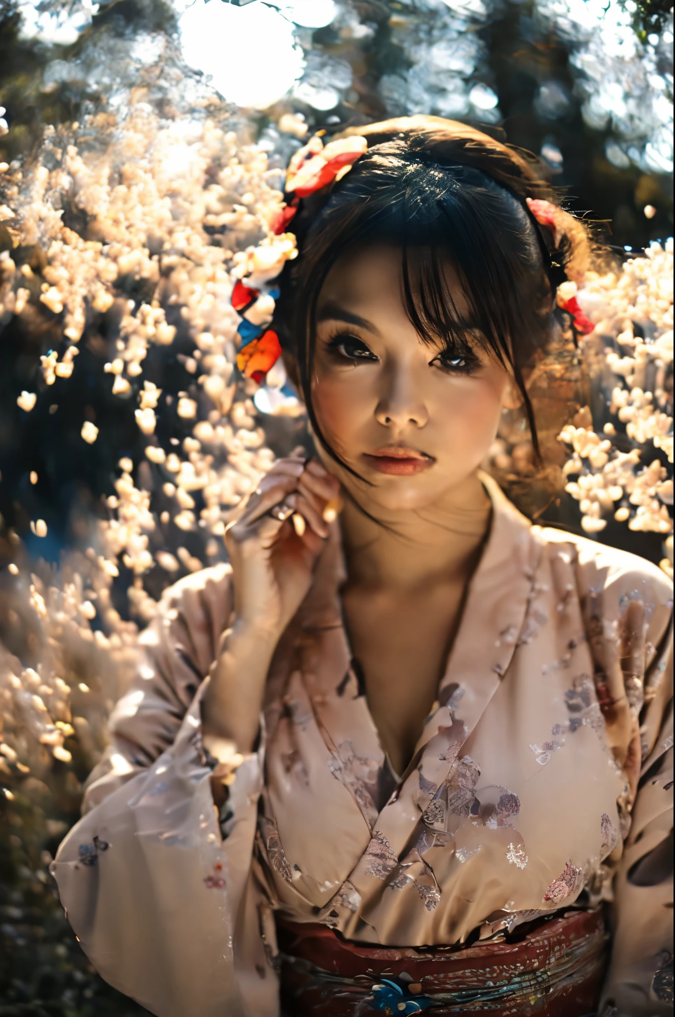 (((A very cute face like an idol)))、((A young-looking 20-year-old woman))、Wearing a cute Japanese yukata、Cleavage、night、Fireworks display、Natural light、(Whole body)、Artistic