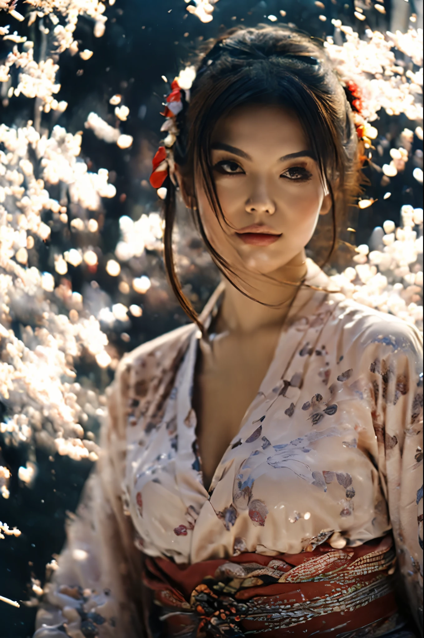 (((A very cute face like an idol)))、((A young-looking 20-year-old woman))、Wearing a cute Japanese yukata、Cleavage、night、Fireworks display、Natural light、(Whole body)、Artistic