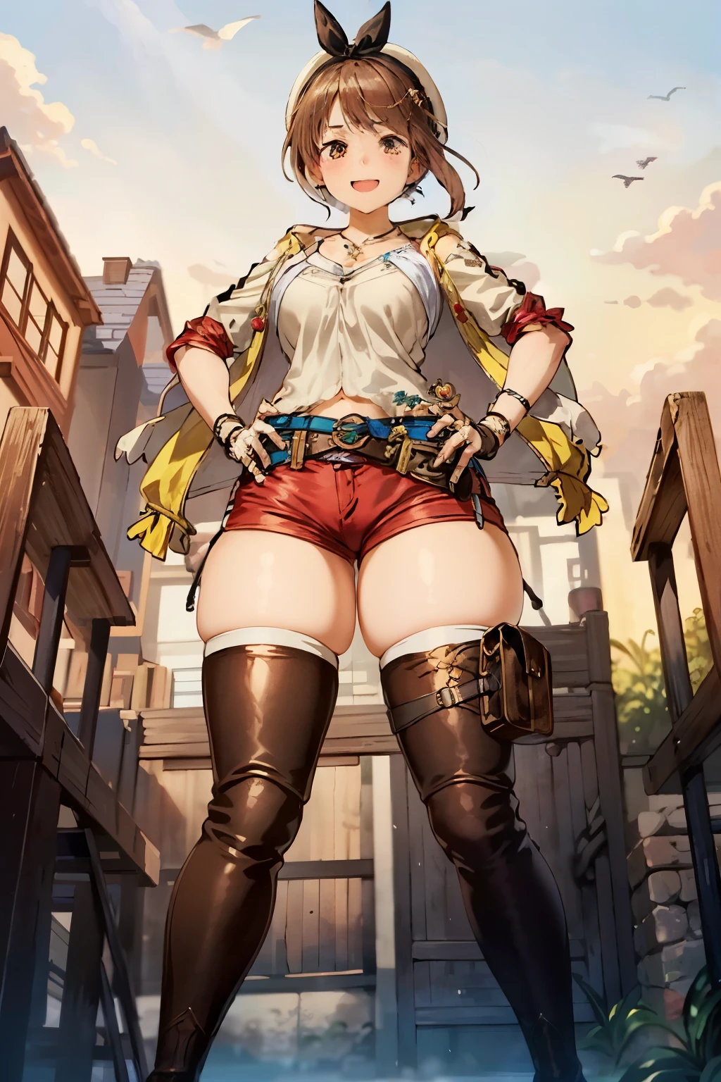 Highest quality, High resolution, Pixel perfect, Lisa, One Girl, alone, Shorts, gloves, Belt Bag, Head Ribbon, jewelry, (Red shorts:1.5), Brown Hair, Thighs Thighs Thighs Thighs, Short shorts, Bridal Legwear, necklace, Brown eyes, hair ornaments, Barrette, star necklace, Closed-toe footwear, leather, star (symbol), White Hat, Brown gloves, Knee-high boots, short hair, Thighs Thighs Thighs Thighs, leather Belt, Tea belt, leather gloves, Jacket, Blue Belt, belly button, Thigh-high boots, (White camisole:1.5), White knee-high, clavicle, Brown footwear, Cleavage, Large Breasts, smile, blush, Plein Air, (Wide pelvis:1.5), (Thick thighs:1.5), (Crotch up from below:1.5), (Hands on hips:1.5)