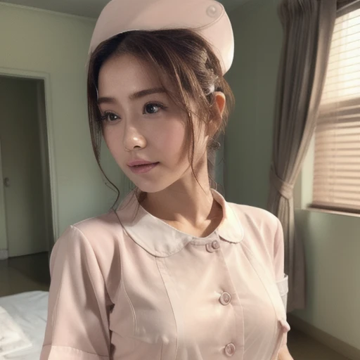 1 girl,(Wearing white nurse clothes:1.2),(RAW Photos, Highest quality), (Realistic, photo-Realistic:1.4), masterpiece, Very delicate and beautiful, Very detailed, 2k wallpaper, wonderful, finely, Very detailed CG unity 8k wallpaper, Very detailed, High resolution, Soft Light, Beautiful detailed girl, Very detailed eyes and face, Beautiful and sophisticated nose, finely beautiful eyes, Perfect Anatomy, Black Hair, Upstyle, nurse uniform, ((nurse cap)), nurse,  thin, hospital, clear, hospital room, Neck auscultation,(((Fully nude、All Nude)))