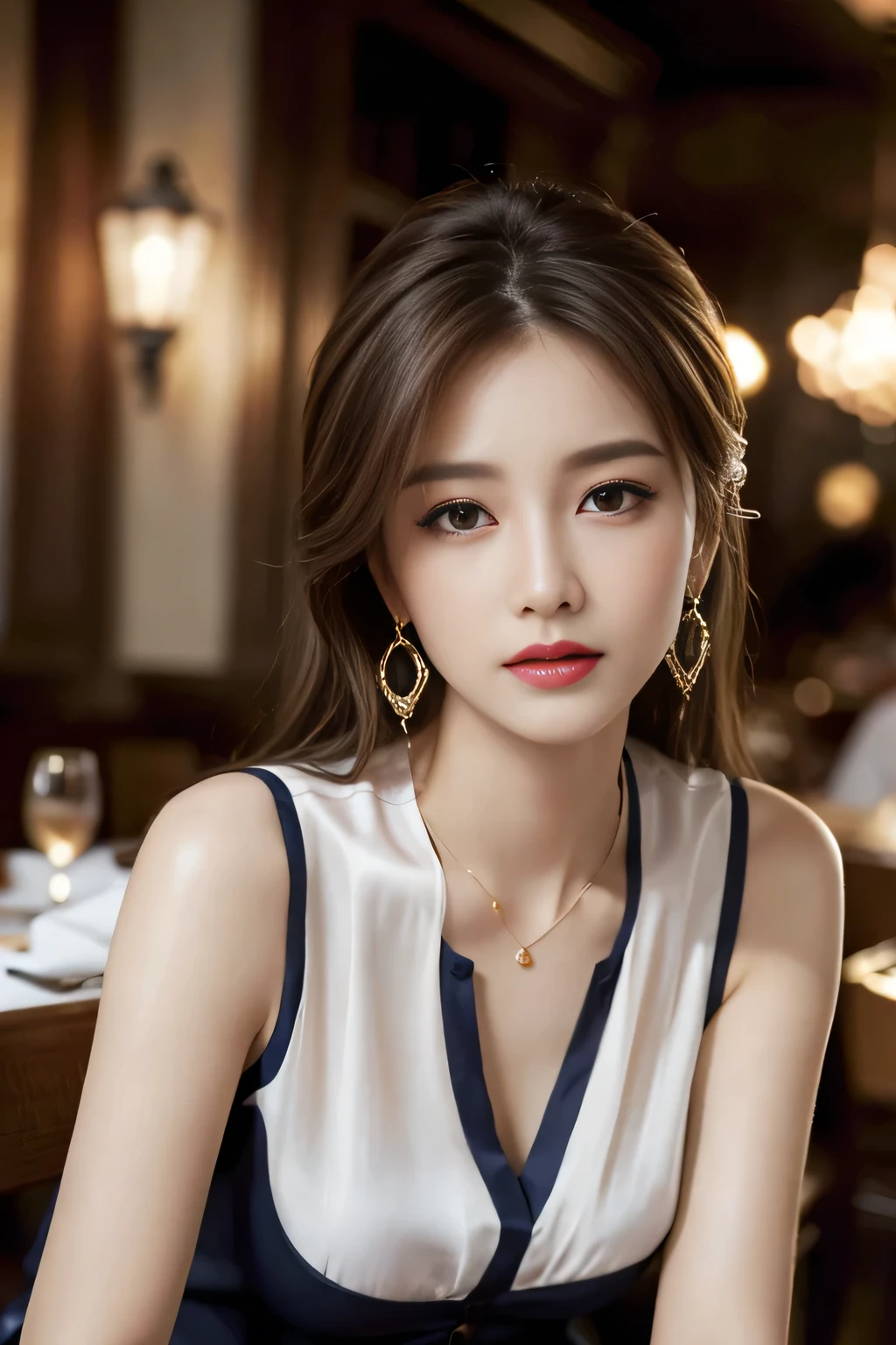 masterpiece, Highest quality, Realistic, Very detailed, Finer details, High resolution, 8k wallpaper, One beautiful woman, Wear a pretty colored silk shirt, In a great restaurant, At night, Light brown messy hair, Perfect dynamic composition, Beautiful and beautiful eyes、Big earrings、chest、Sleeveless shirt、