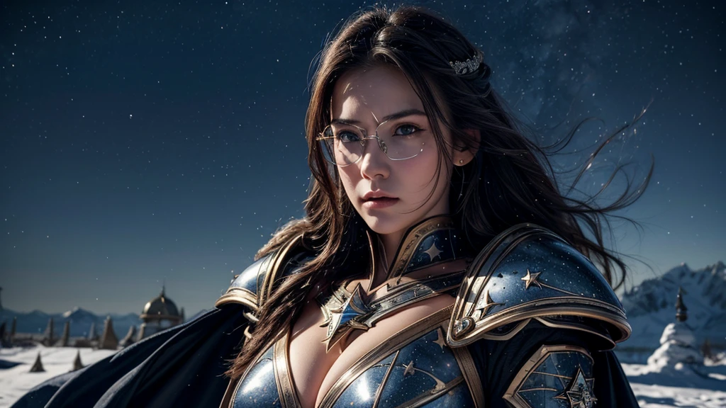 masterpiece, rest, best quality, Very detailed, Super real, 16K, high resolution, castle,snow, ((Starry Sky)),Female Warrior,Gorgeous armor,Complex Mode,Pretty Face,Closed mouth,dramatic,Mid-range photos,Glowing glasses,Large Breasts
