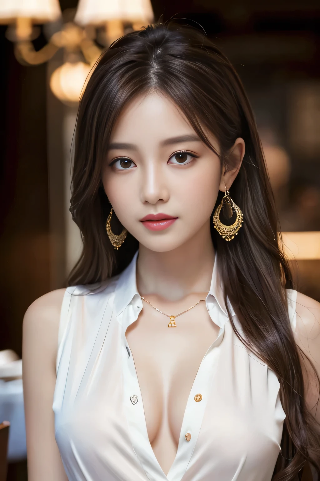 masterpiece, Highest quality, Realistic, Very detailed, Finer details, High resolution, 8k wallpaper, One beautiful woman, Wear a pretty colored silk shirt, In a great restaurant, At night, Light brown messy hair, Perfect dynamic composition, Beautiful and beautiful eyes、Big earrings、chest、Sleeveless shirt、