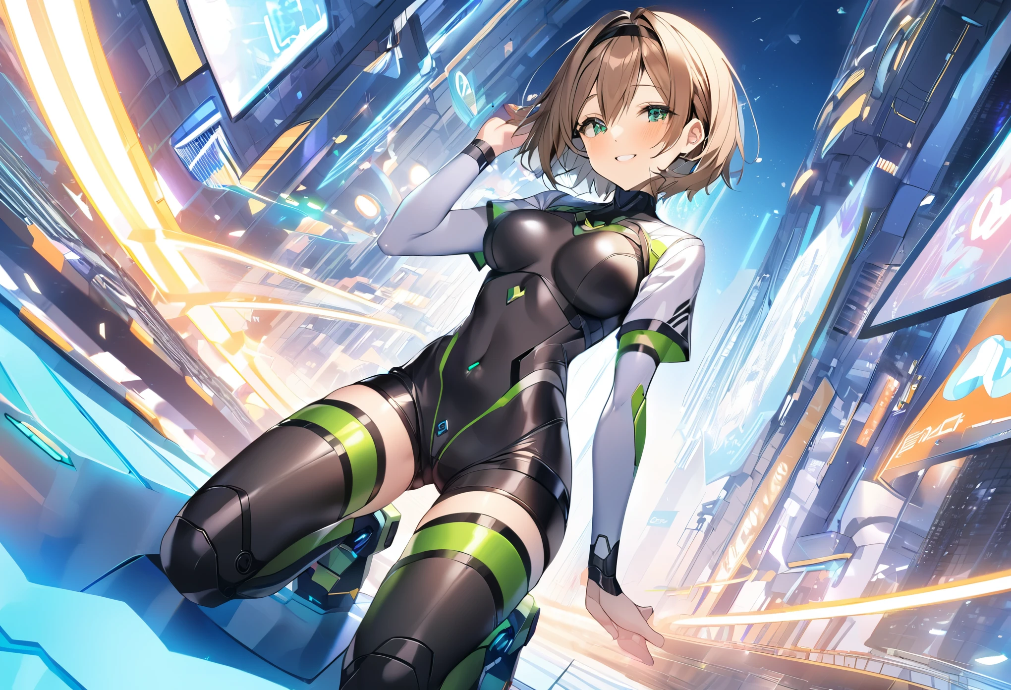 aile_megamanzx, kneeling with one hand on the ground and the other arm raised, 1girl, solo, short hair, brown hair, short sleeves, (bodysuit), robot ears, green eyes, (very_short_shorts:1.3), short sleeves, short over long sleeves, smile, in futuristic city, , high quality, medium_breasts,crotch, slouch,groin,dynamic_angle