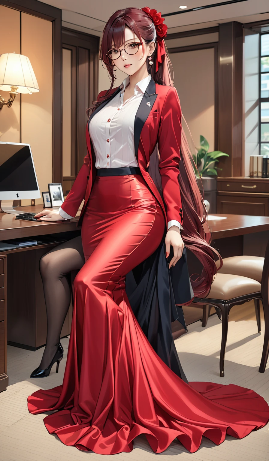 (masterpiece,highest quality,超A high resolution),2 japanaese girl with pony tail hair (((Very beautiful 35 year old girl))), pretty woman, a woman in the mermaid long train silk red skirt,the skirt is very long, full body, wear blazer, wear sexy blouse, wear glasses,long satin, flowy dramatic long skirt, talwomen, make coversasion with her bos, work in office, wear high heels,  masterpice  (Shiny red long train dress mermaid-style long skirt )