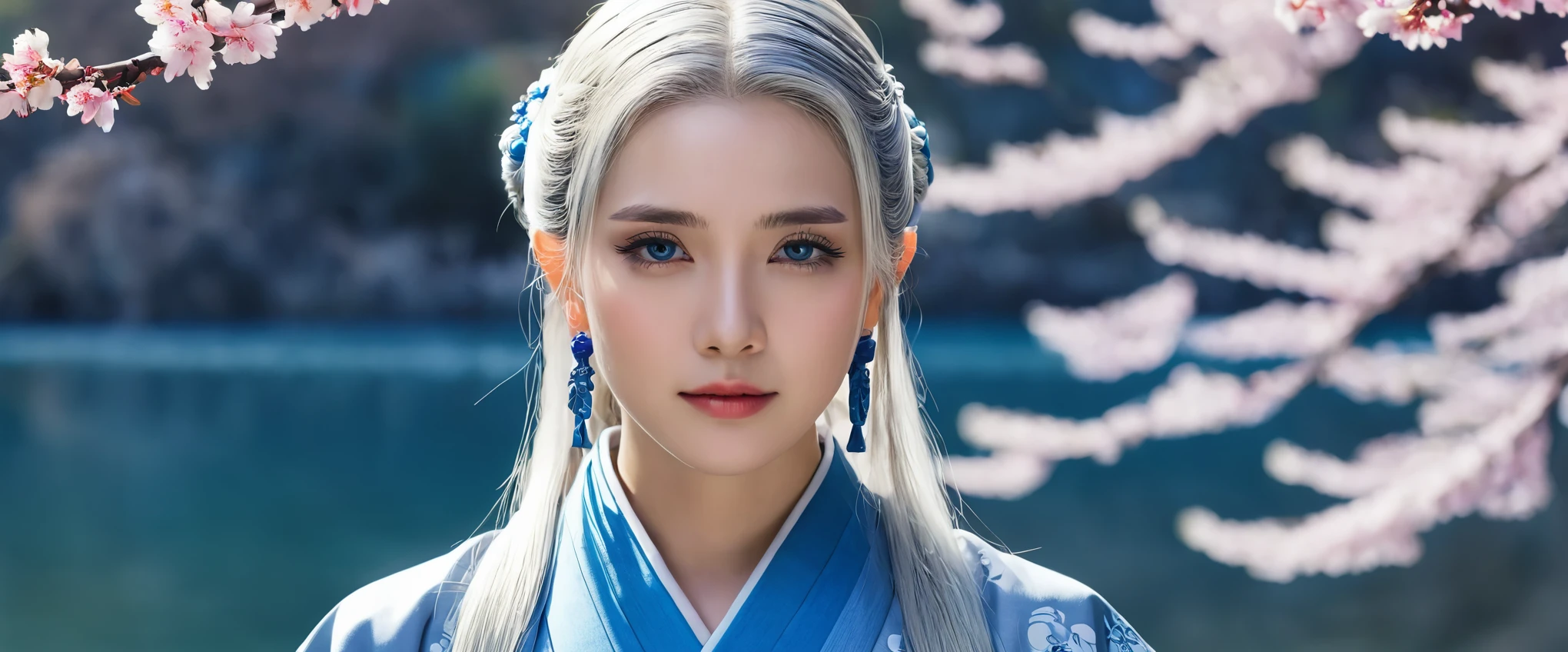"A female anime character with long, silver hair tied elegantly, featuring bright blue highlights. She has intense, glowing blue eyes and wears traditional attire that is common and not a kimono, emphasizing her graceful yet powerful presence. Her expression is serious and focused as she gazes into the distance. A bright blue decorative accessory adorns her head, adding a mystical touch. The scene is set against a backdrop of hanging flowers, possibly cherry blossoms, with calm, reflective water, creating a serene and contemplative atmosphere. The artwork is styled in the dynamic and detailed manner of Honkai Star Rail, capturing her as an adult with poise and determination."