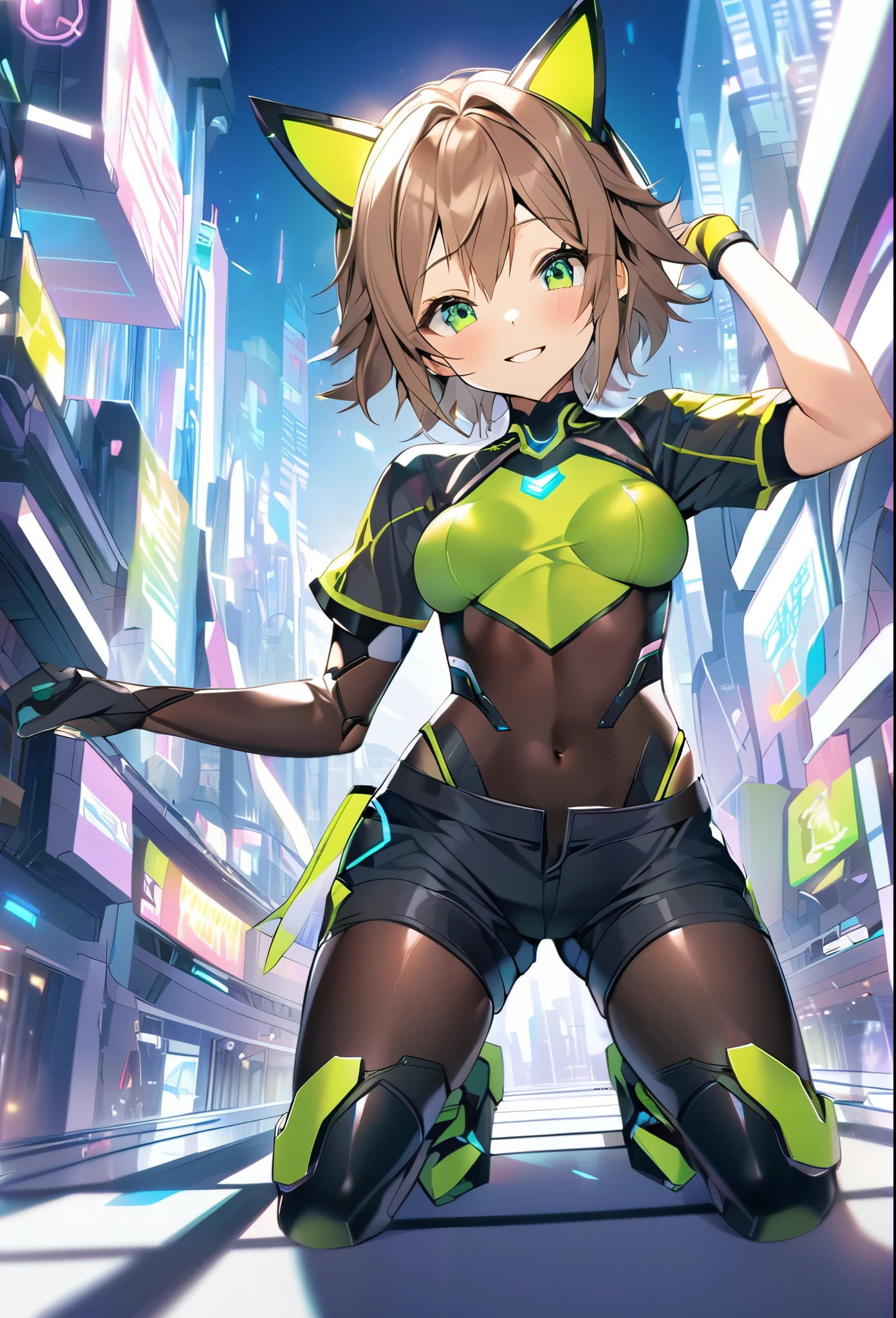 aile_megamanzx, kneeling with one hand on the ground and the other arm raised, 1girl, solo, short hair, brown hair, short sleeves, (bodysuit), robot ears, green eyes, (very_short_shorts:1.3), short sleeves, short over long sleeves, smile, in futuristic city, , high quality, medium_breasts,crotch, slouch,groin,dynamic_angle