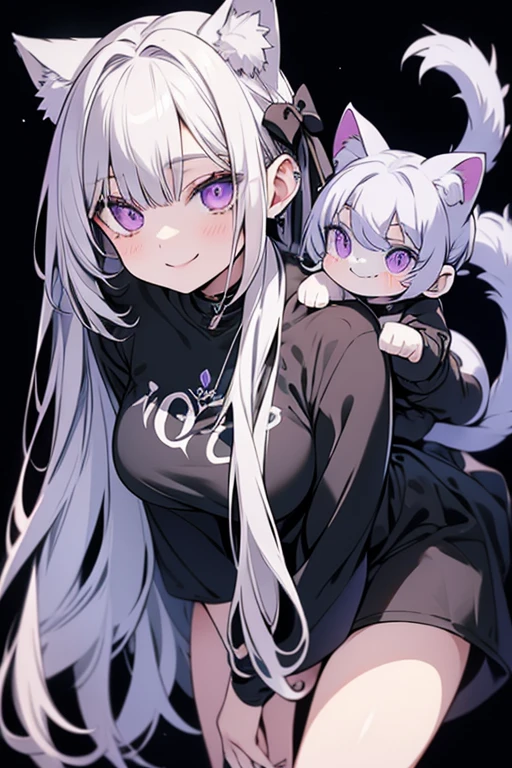 Perfect face. Perfect hands. A young silver haired woman with violet eyes and silver cat ears and a silver cat tail in a Gothic sweatshirt dress is leaning forward with a big smile