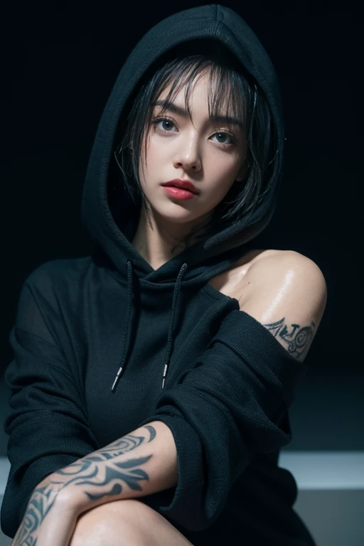 ultra high res, masterpiece,  best quality, perfect glossy shiny skins, perfect lighting, detailed lighting, dramatic shadows, ray tracing, 1girl, black sweater, looking at viewer, off shoulder, Big breasts, Exposed cleavage, blue Eyes, sharp face, sharp eyes, long bangs, short cut hair, (nude),((Dark background)), oversized hoodie, Wearing a black hoodie, Wearing an ugly black hood, wet (sweaty, soaking wet),(( tattoos on the arms)) , open mouse,
