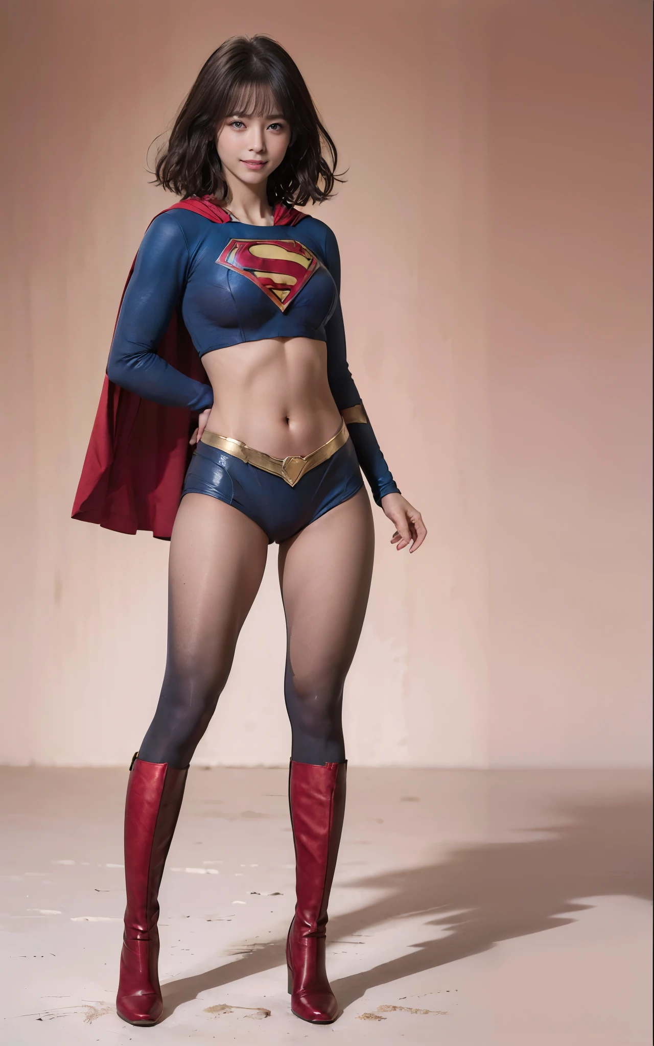 No background、She always has her mouth open、She always has a sad look on her face、Always close your eyes、(((Beautiful legs in black tights.)))、(((Stretch your legs、expensive、Showing a beautiful smile)))、((((Make the most of your original images)))、(((Supergirl Costume)))、(((Beautiful Short Hair)))、(((Suffering face)))、(((Black tights legs、Wear red boots)))、((Best image quality、8k))、((Highest quality、8k、masterpiece:1.3))、(((Preserve background )))、Sharp focus:1.2、Beautiful woman with perfect figure:1.lim Abs:1.2、Wet body:1.5、Highly detailed face and skin texture、8k