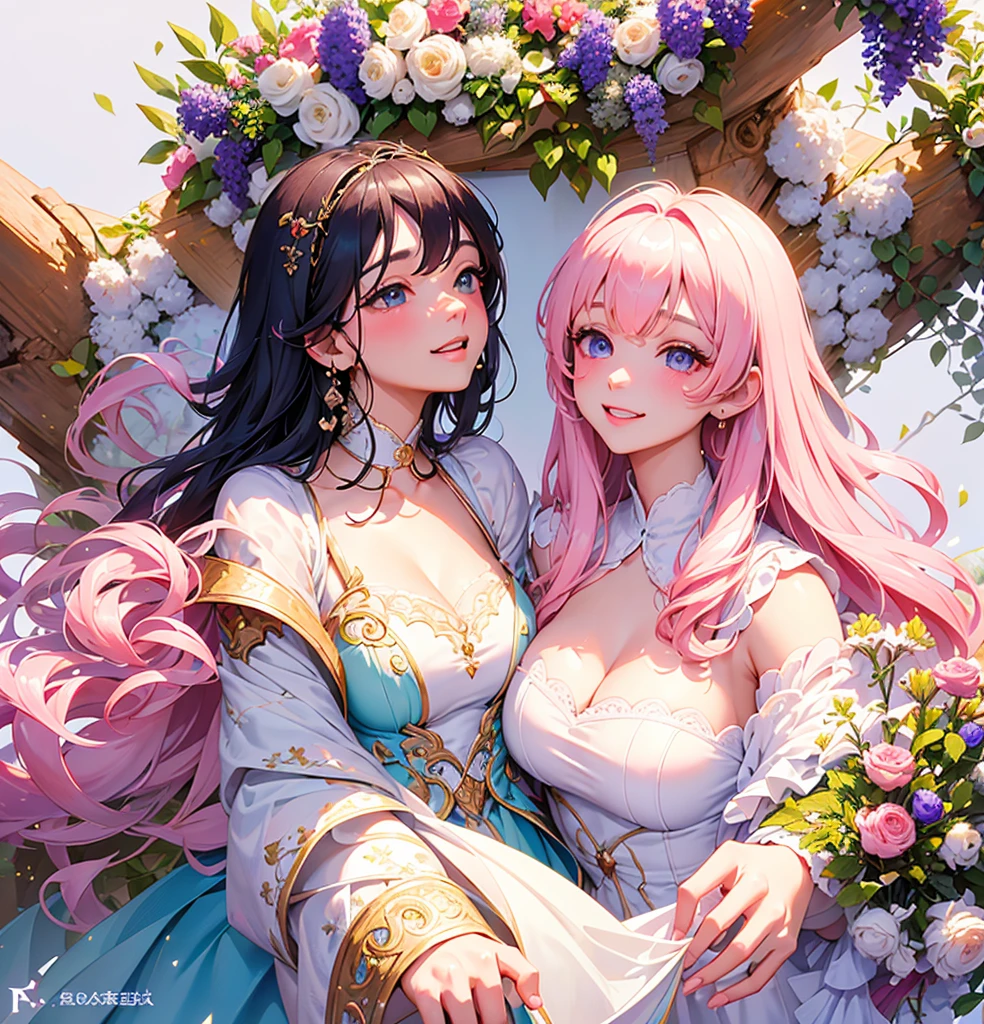(masterpiece,Highest quality, Very detailed, beautiful, Exquisite, 16K, Full HD), ((smile,Happy:1.5)),get up,((Frills, Sparkling fluffy layered ball gown)), (Pink medium hair,Wavy Hair,Fluffy hair),(White skin,Lavender eyes, Long eyelashes, Big eyes,Pale pink cheeks), (pastel colour,Fantasy art:1.2), (White Background:1.8),Facing forward,Upper Body,身体はFacing forward