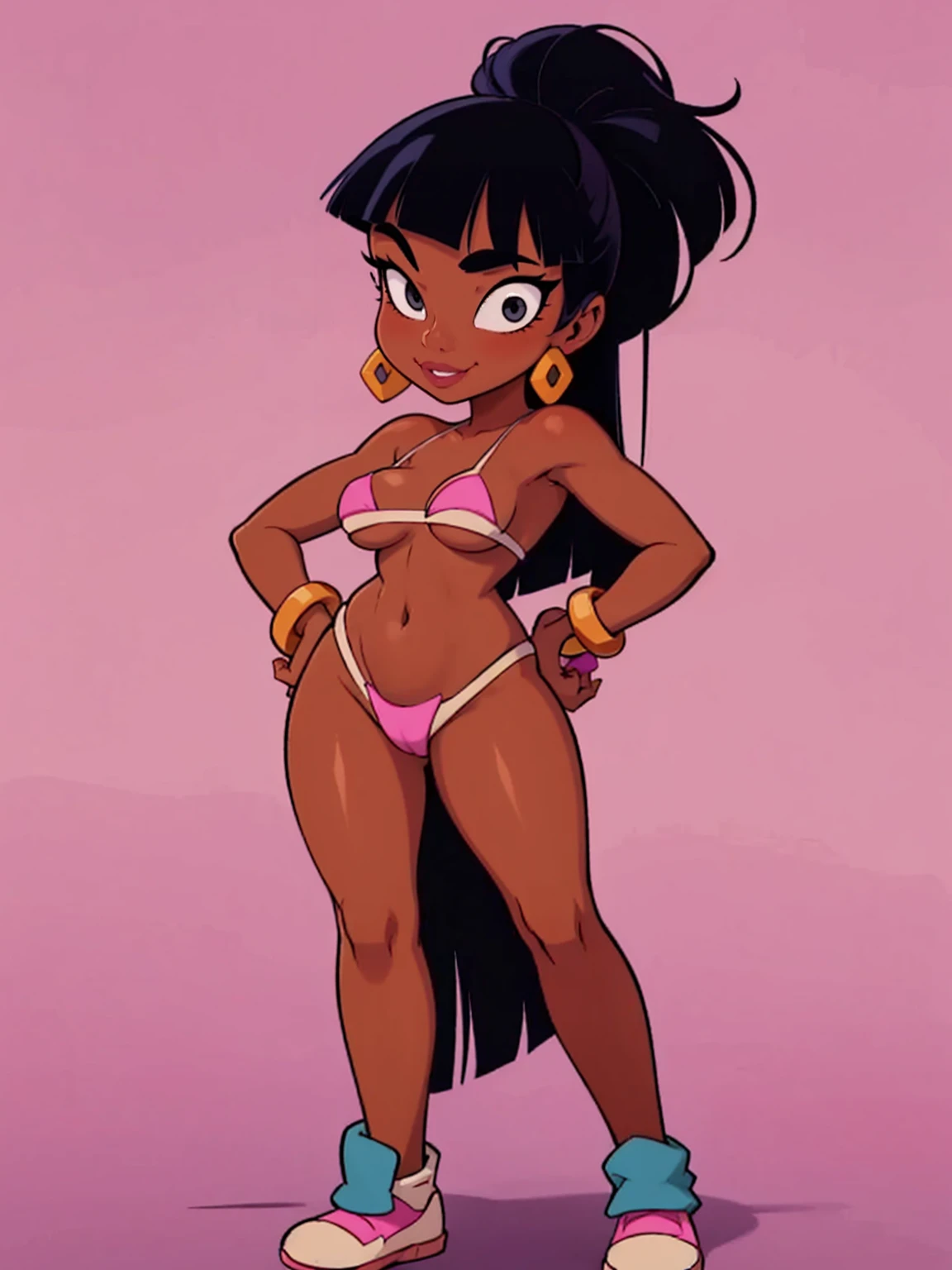 uhd, face detail, MICRO BIKINI,chel_eldorado, white background: 1.5, smile, black hair