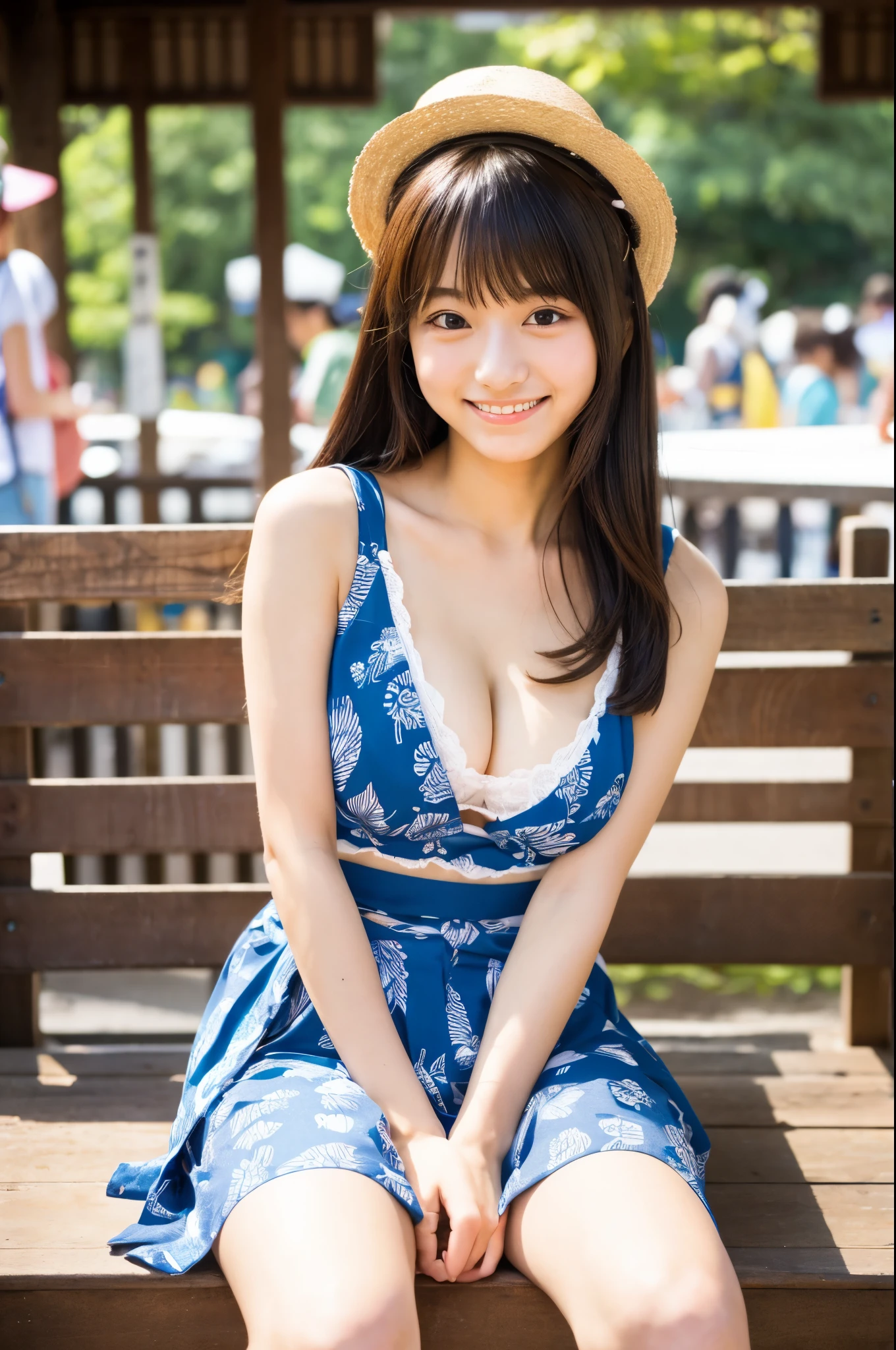 A very cute face like an idol、like々A 19-year-old woman with a cute face、Gentle and cute、A kind smile、Japanese Yukata、Sitting on a bench at a festival、Cleavage、(Full body portrait)、RAW Photos、Genuine、High resolution