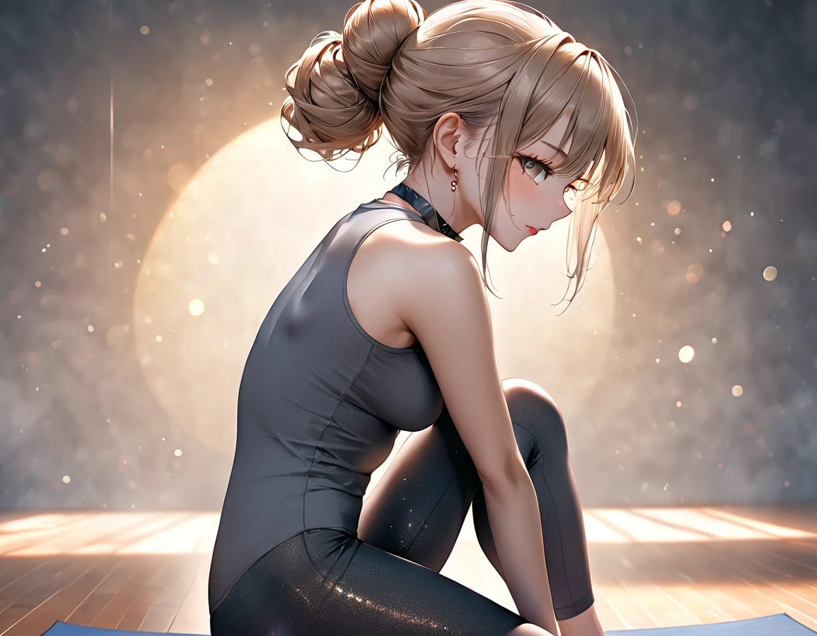 from side, beautiful woman, yoga exercises, yoga cat pose, cool and sadistic, amorous and lewd face, make-up, light brown messy single hair bun, great slender proportion, wearing knit tight fit yoga uniform, choker, (ultra detailed, absolutely resolution, best quality:1.3), 2.5D, delicate and dynamic, hyper realistic, artistic photography, graphic CG digital art, shading effects, gradation magic effects, glitter effects, sunlight effects, foggy filter effects, background yoga studio