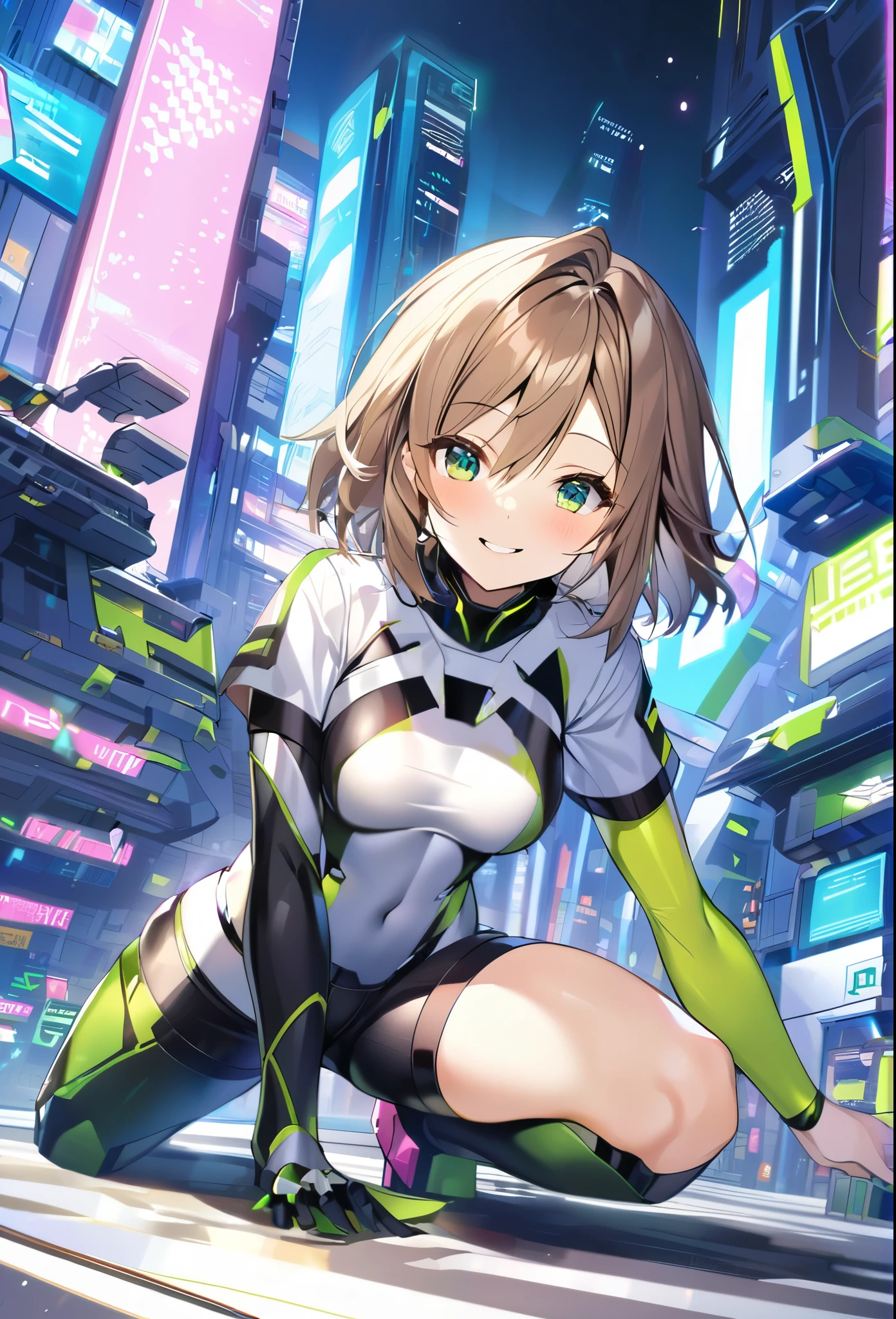 aile_megamanzx, kneeling with one hand on the ground and the other arm raised, 1girl, solo, short hair, brown hair, short sleeves, (bodysuit), robot ears, green eyes, (very_short_shorts:1.3), short sleeves, short over long sleeves, smile, in futuristic city, , high quality, medium_breasts,crotch, slouch,groin,dynamic_angle